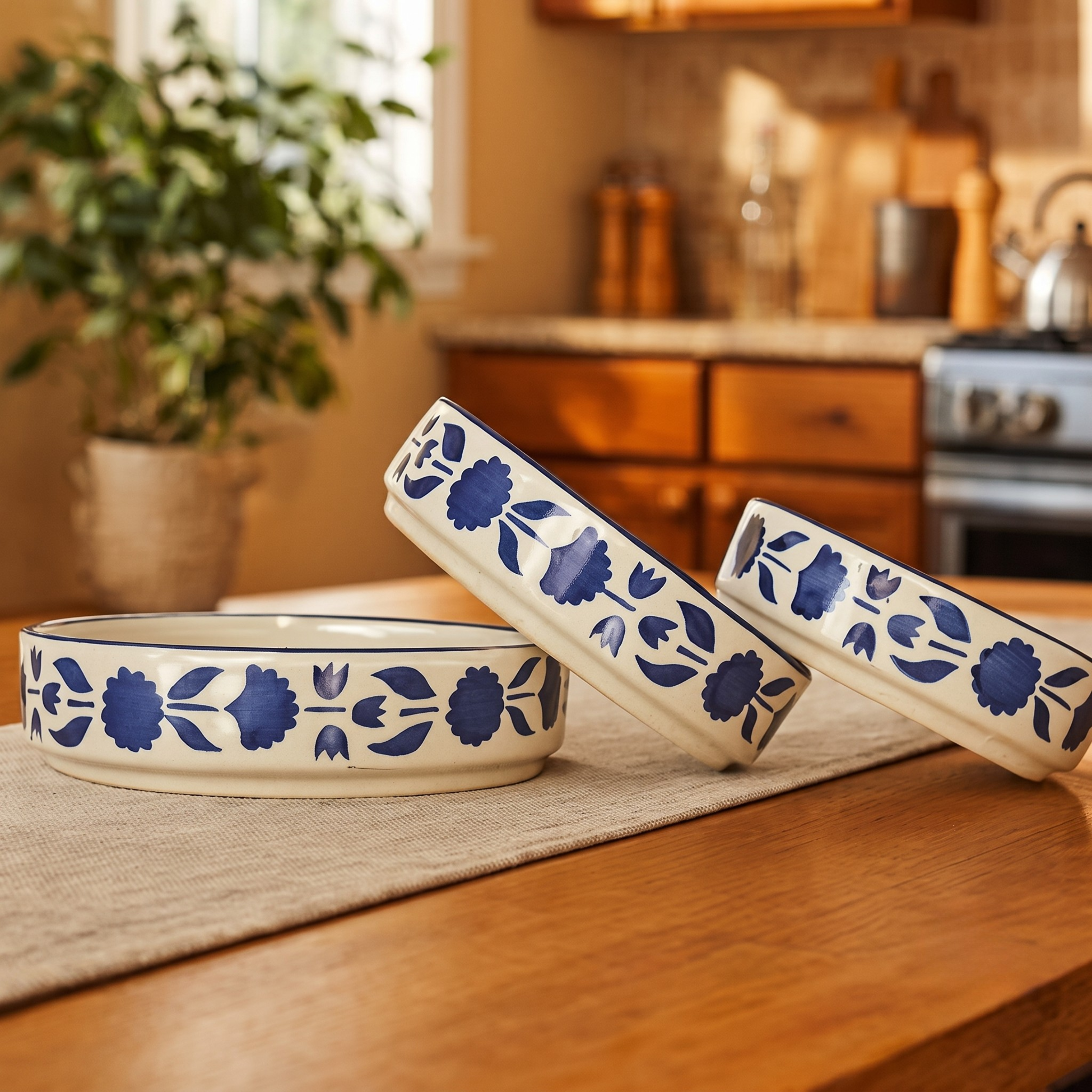 Premium Blue Ceramic Bowls - Set of 3 (Microwave Safe)