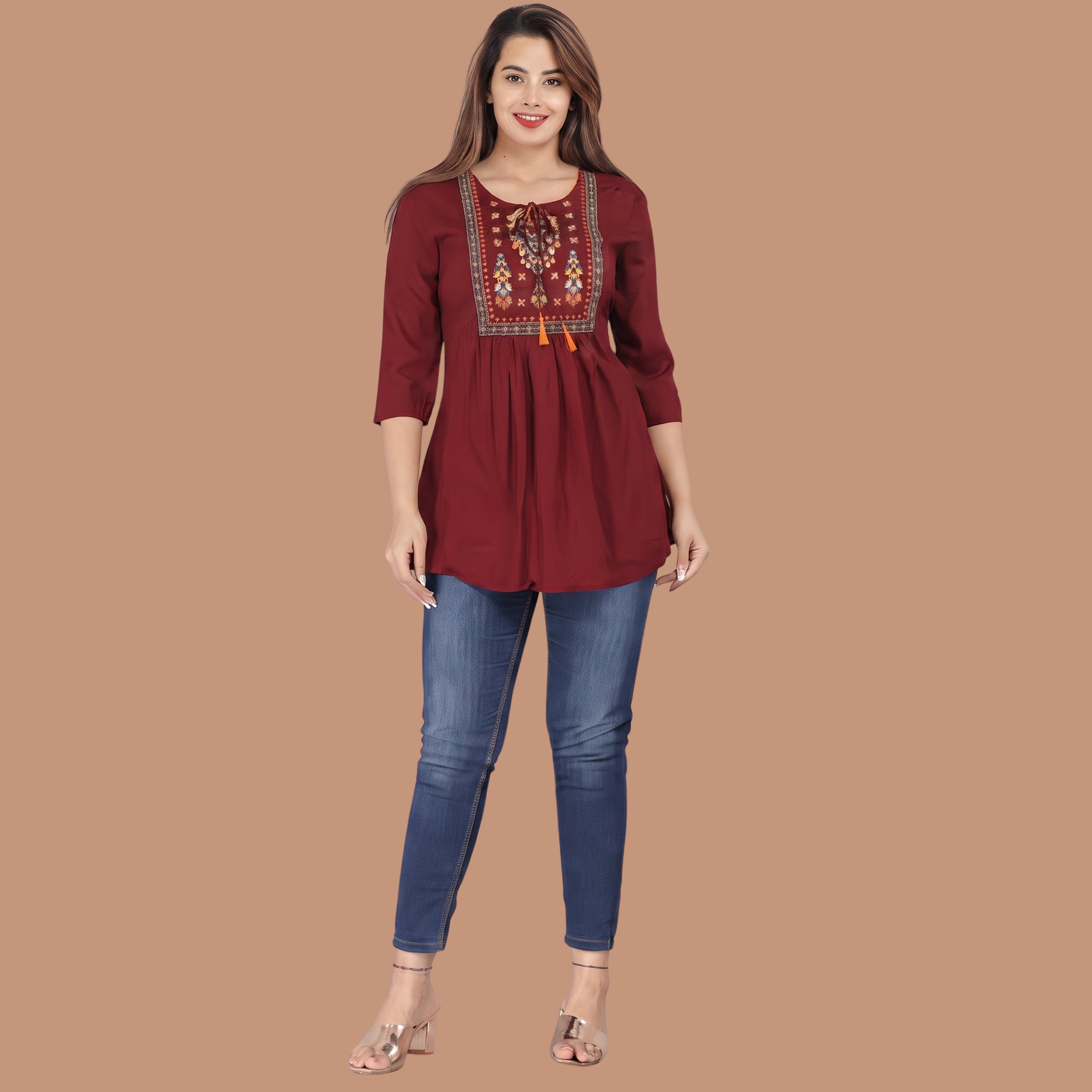 Women's Maroon Embroidered Short Kurti | Casual Ethnic Top
