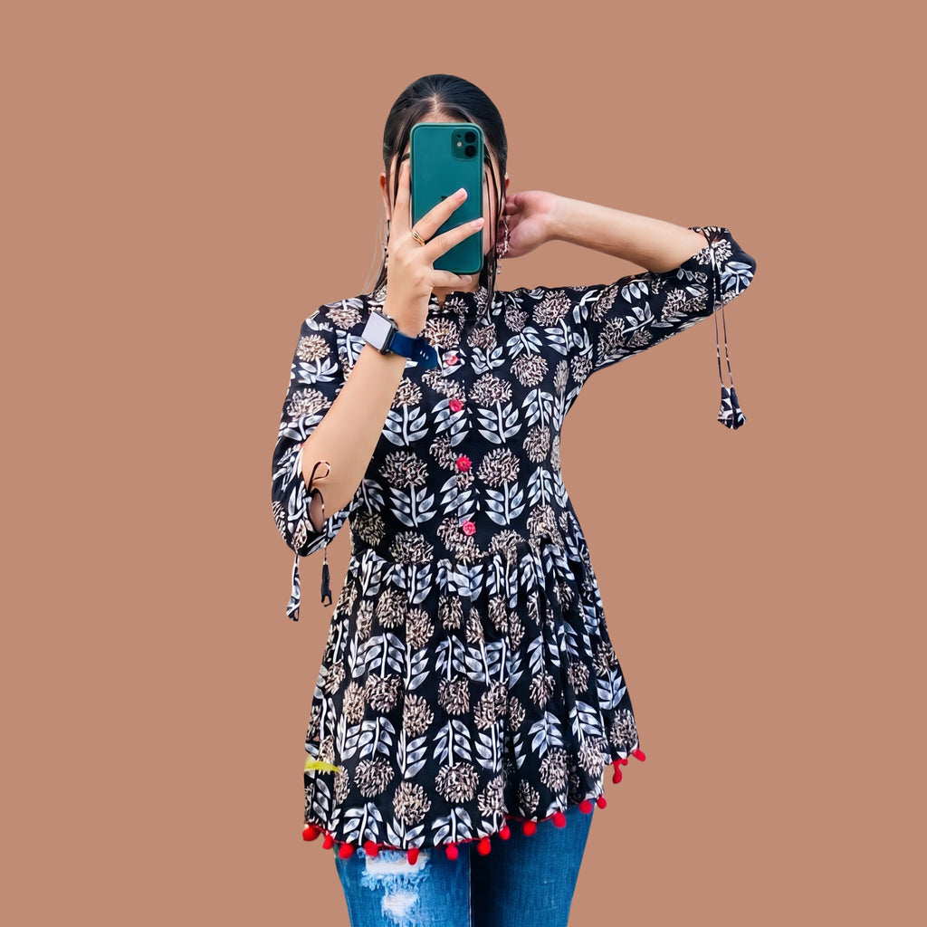 Women's Black Floral Printed Peplum Short Kurti