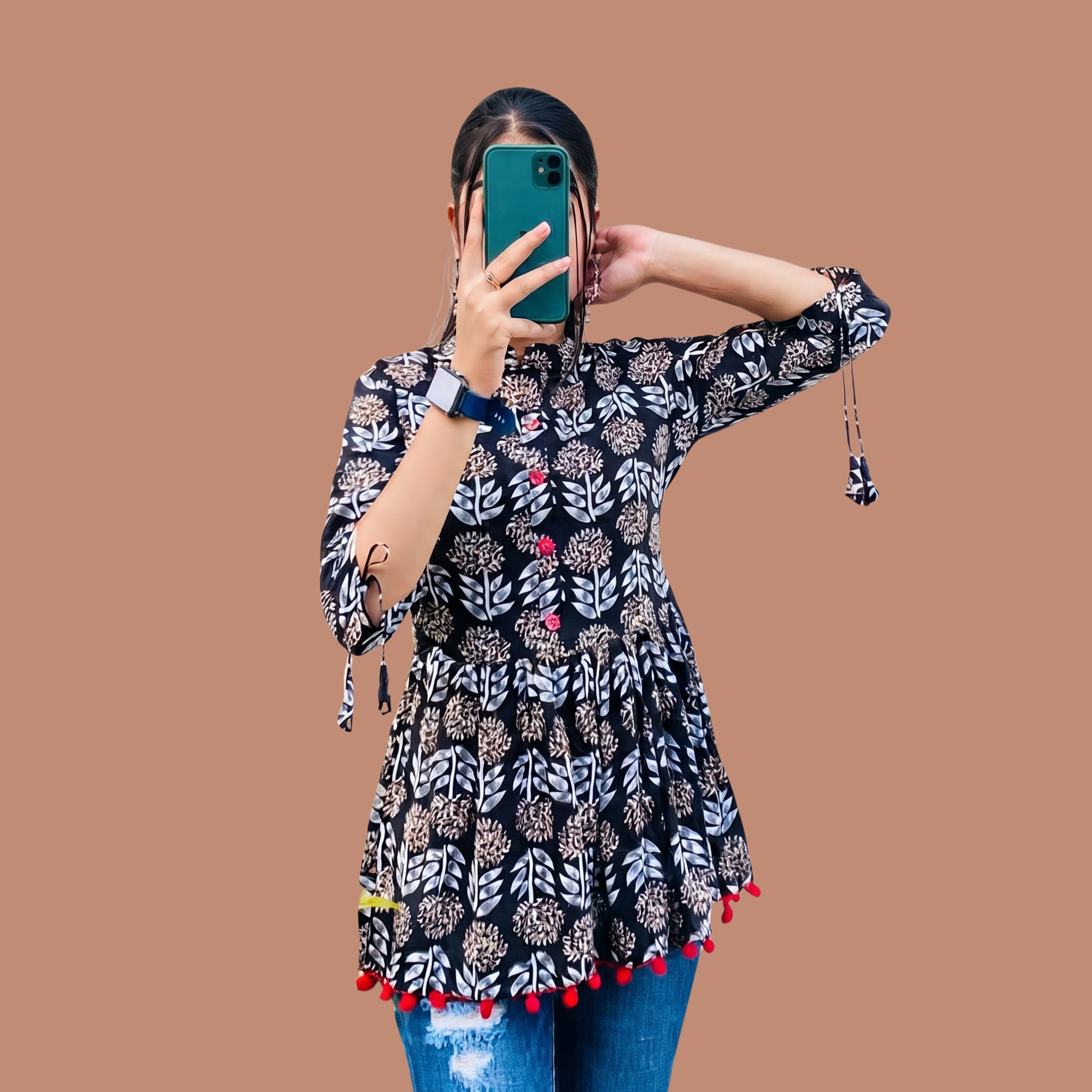 Women's Black Floral Printed Peplum Short Kurti