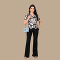 Women’s Black Printed Co-Ord Set | Abstract Print V-Neck Top with Black Flared Pants