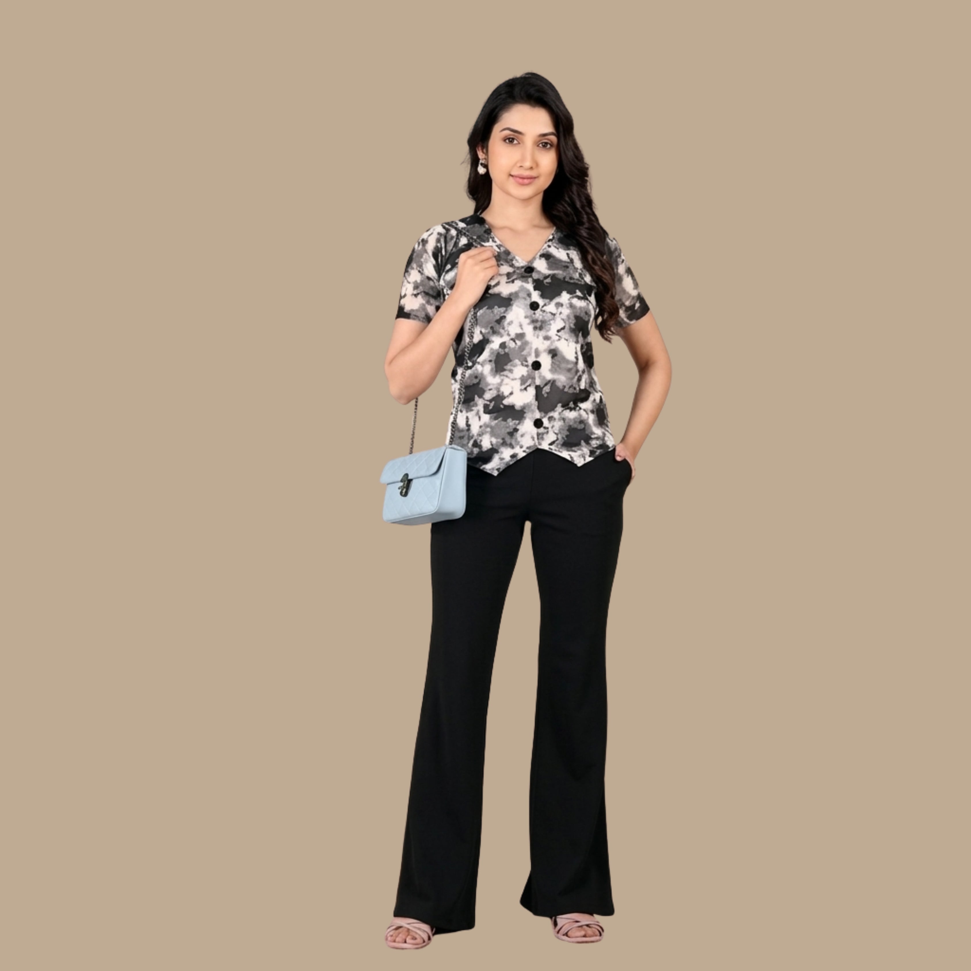 Women’s Black Printed Co-Ord Set | Abstract Print V-Neck Top with Black Flared Pants