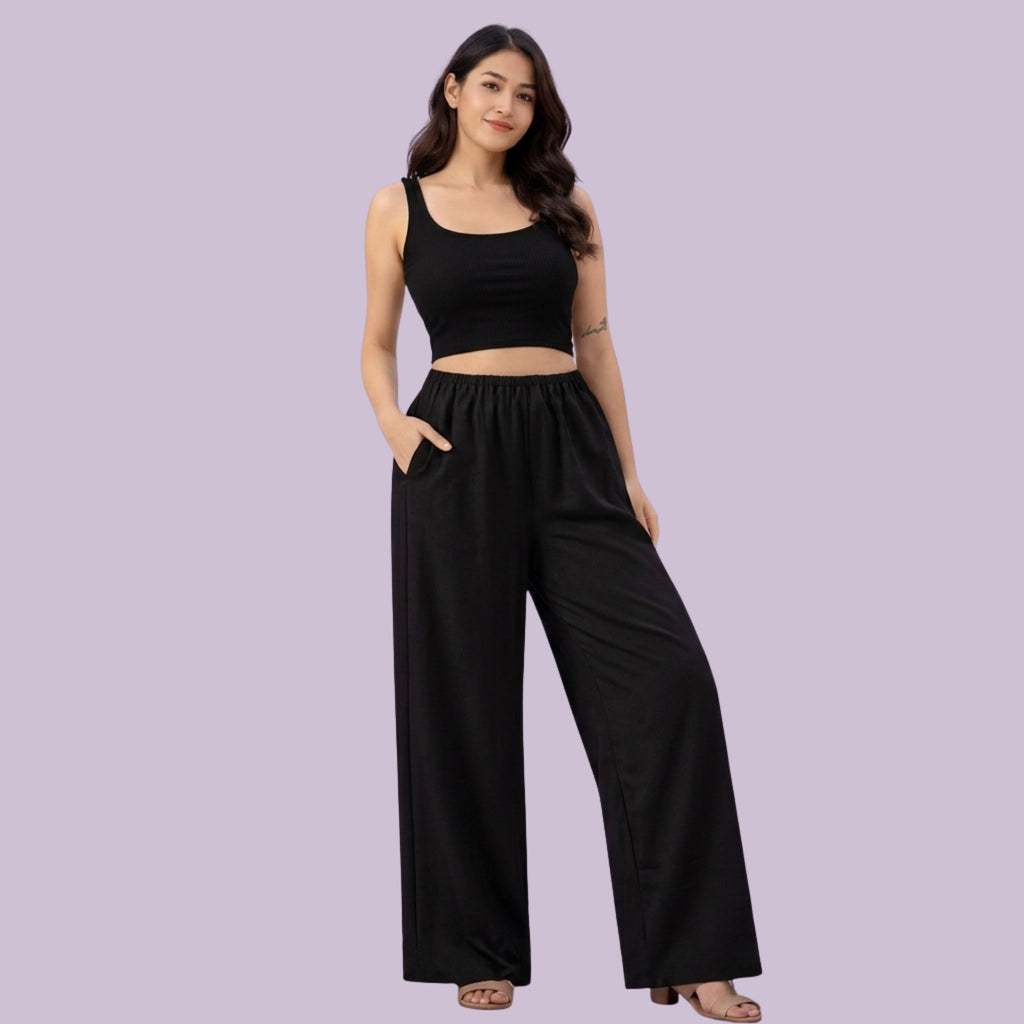 Women's Black Crop Top & Wide-Leg Pants Co-Ord Set | Casual Lounge Wear Co-Ord