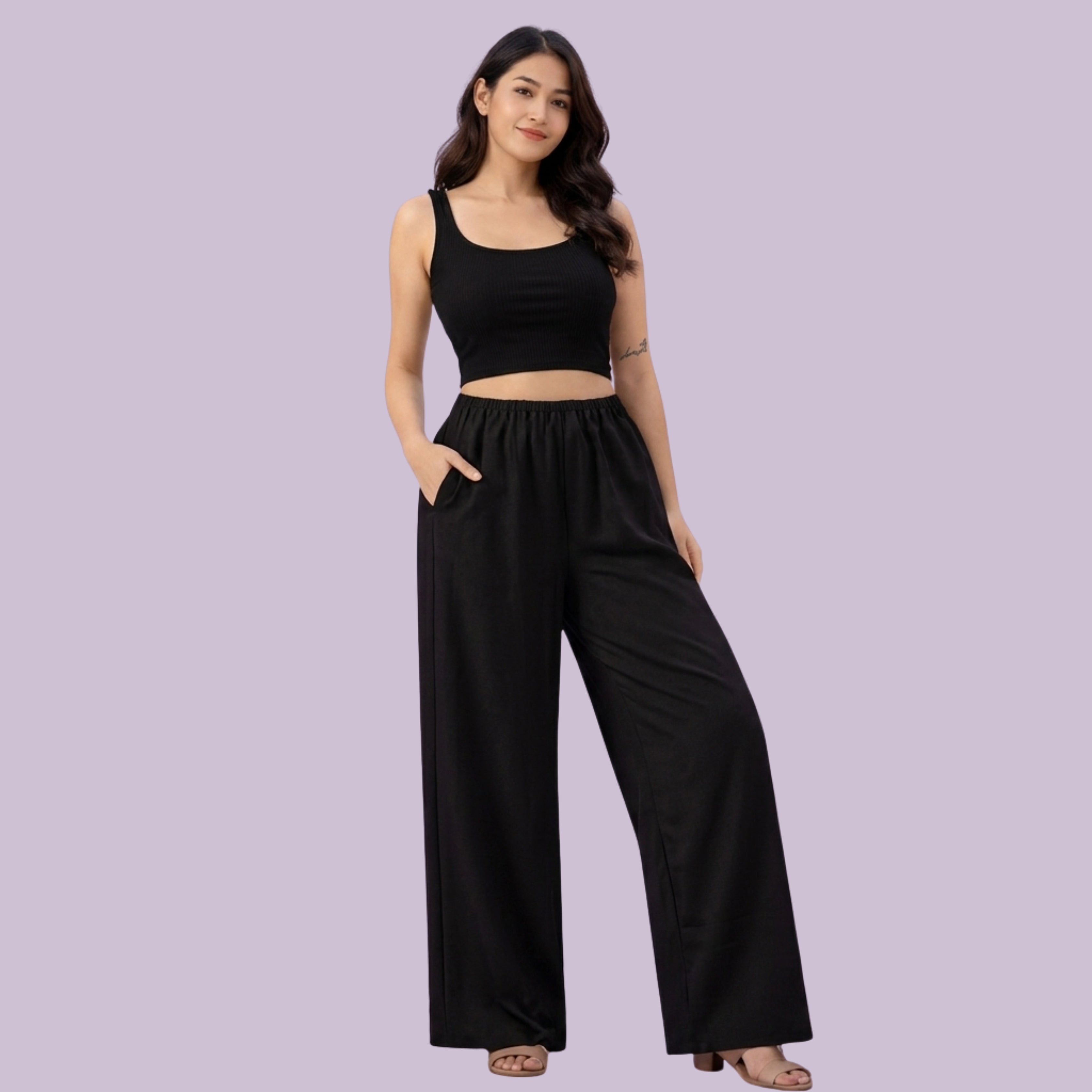 Women's Black Crop Top & Wide-Leg Pants Co-Ord Set | Casual Lounge Wear Co-Ord