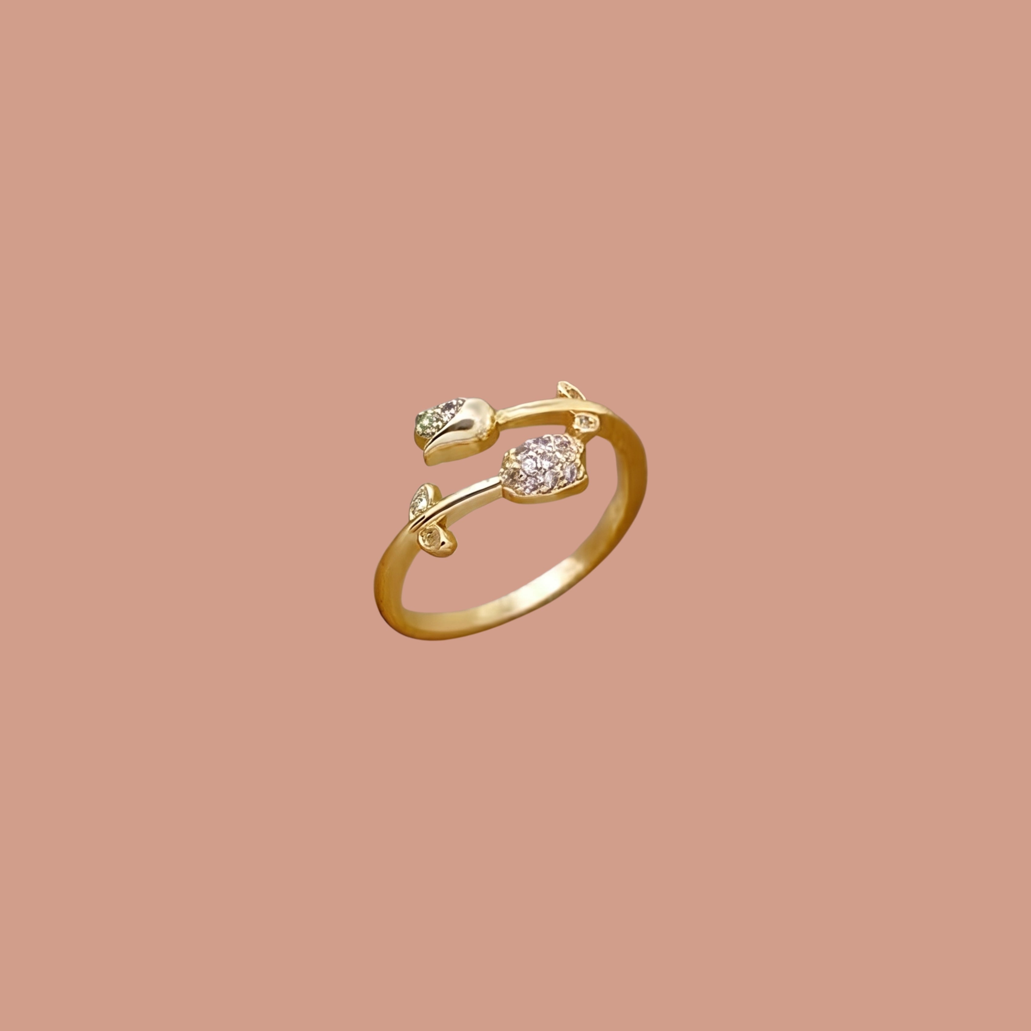 Dainty Leaf & Crystal Adjustable Ring for Women | Anti-Tarnish Gold Plated Open Ring | Minimalist Nature-Inspired