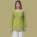 Women's Green Printed Short Kurti with Back Tie-Up | Casual & Festive Wear