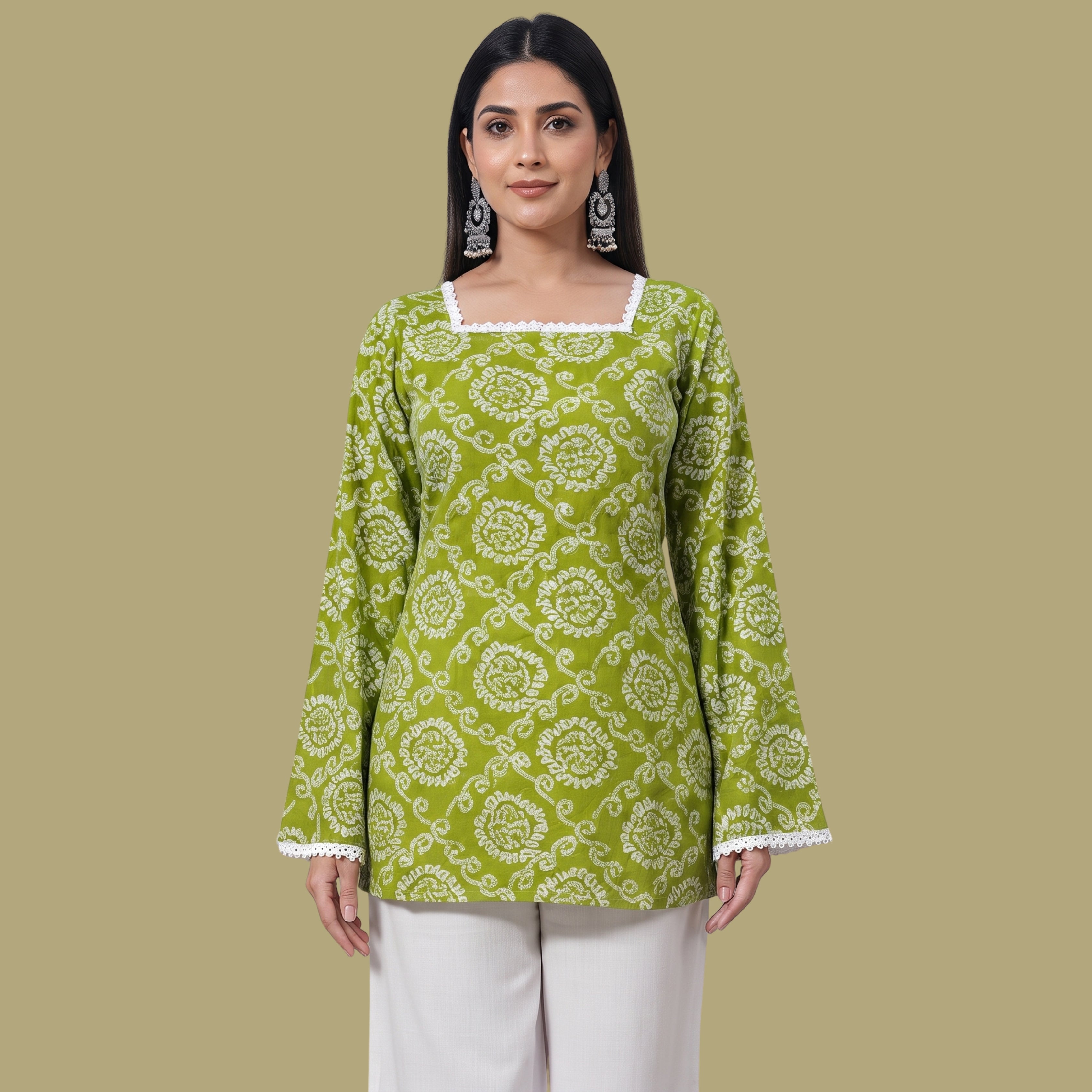 Women's Green Printed Short Kurti with Back Tie-Up | Casual & Festive Wear
