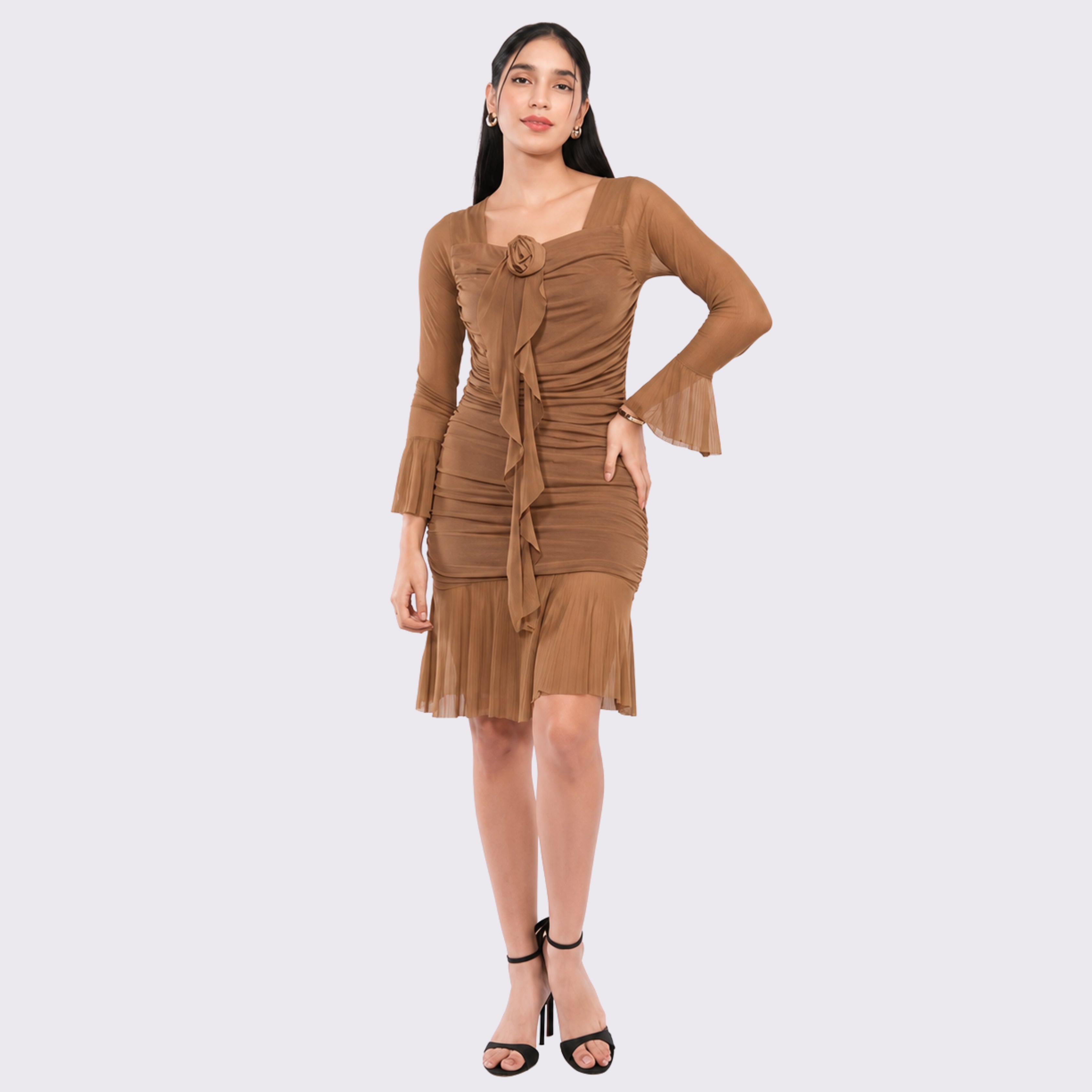 Women's Brown Midi Dress with Bell Sleeves