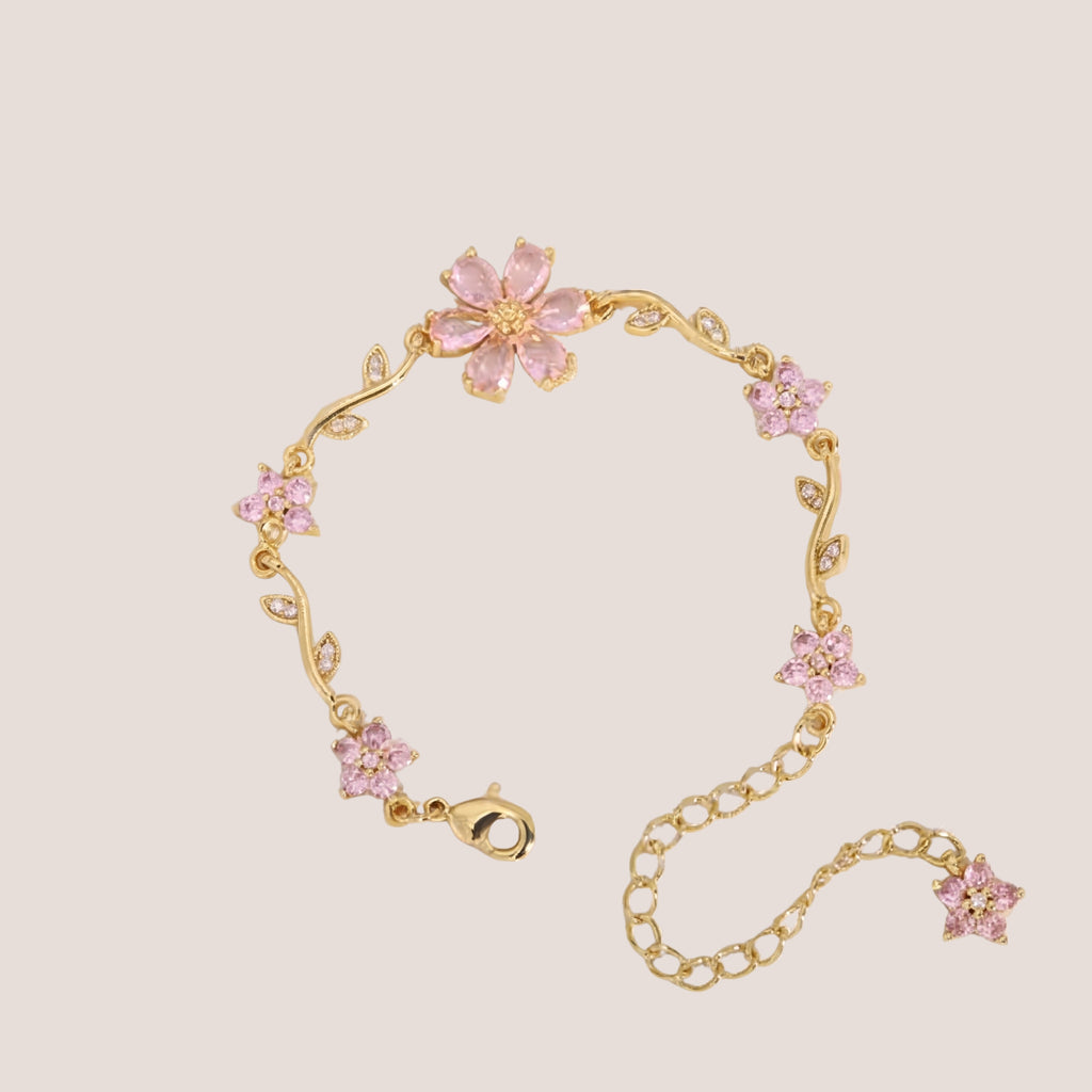 Gold Pink Floral Bracelet for Women | Adjustable Anti-Tarnish Cherry Blossom Crystal Bracelet