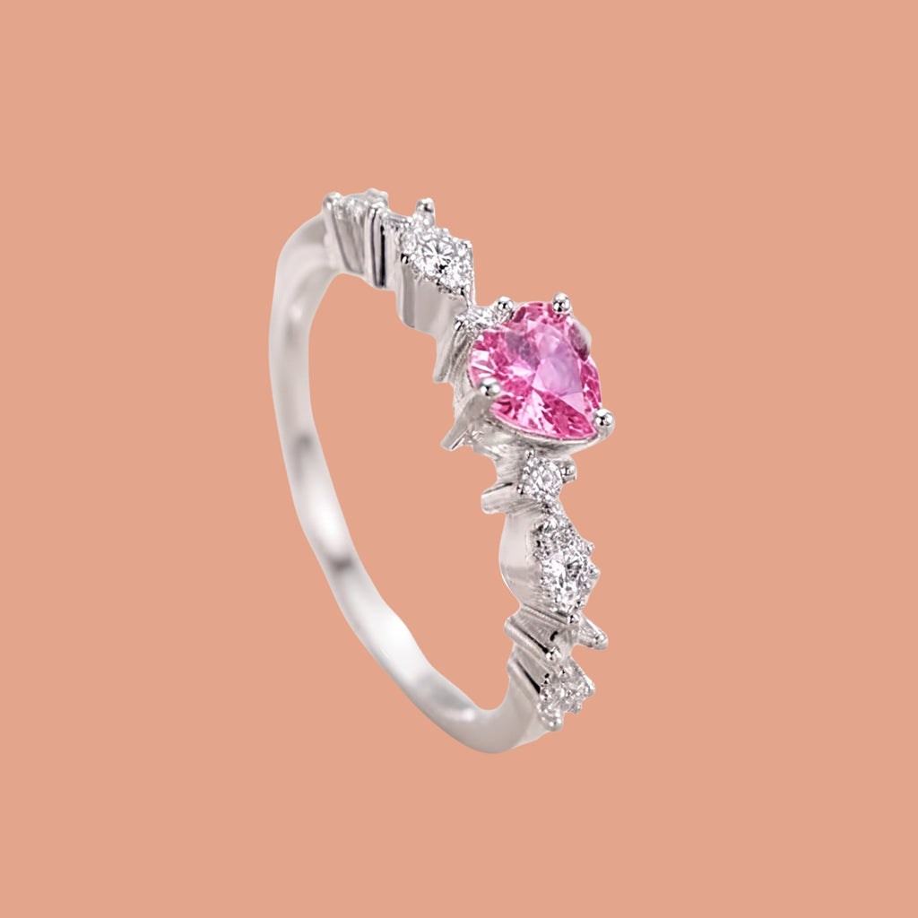 Pink Heart Crystal Ring for Women | Adjustable Anti-Tarnish Silver Ring