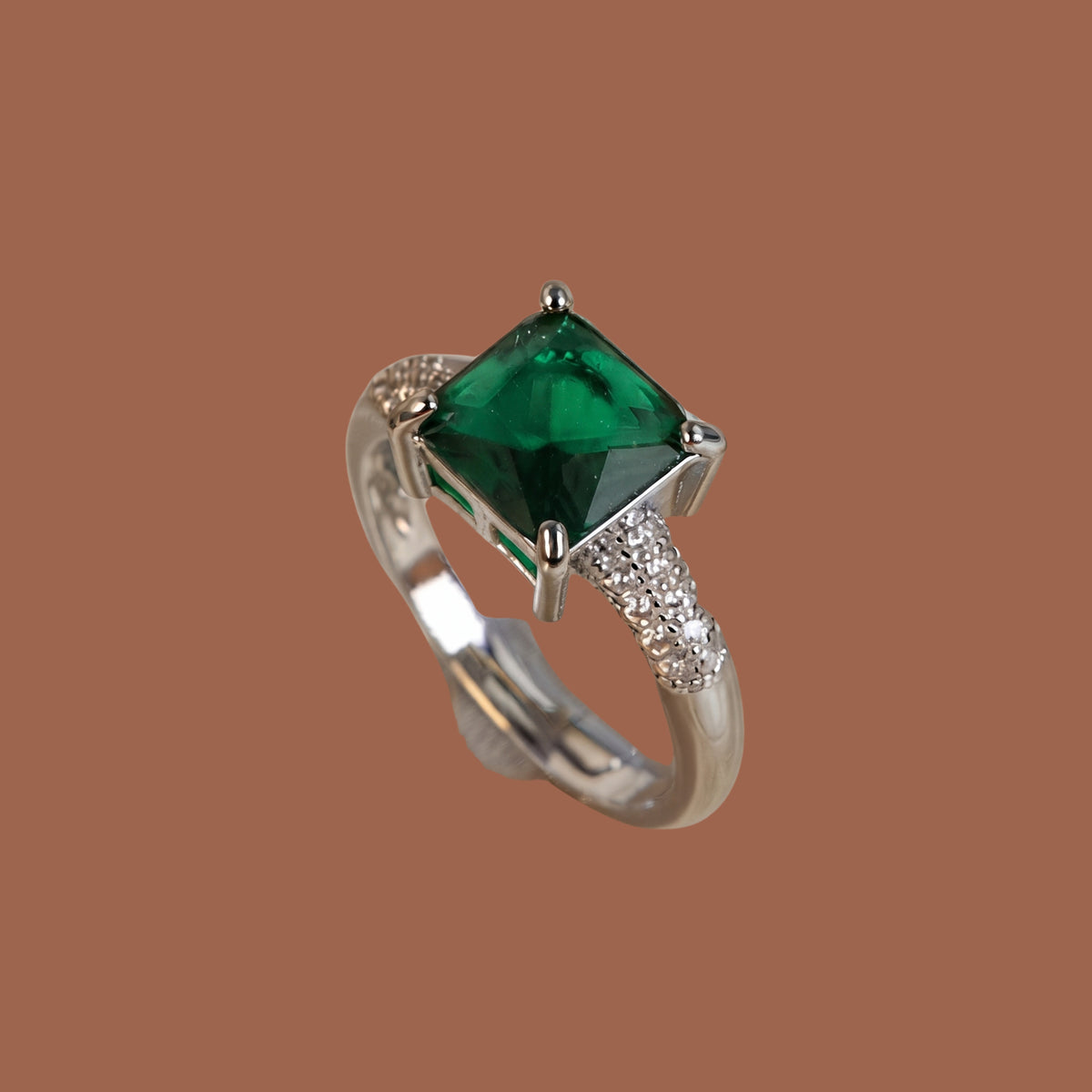 Emerald Green Adjustable Statement Ring for Women | Anti-Tarnish Silver-Plated Ring