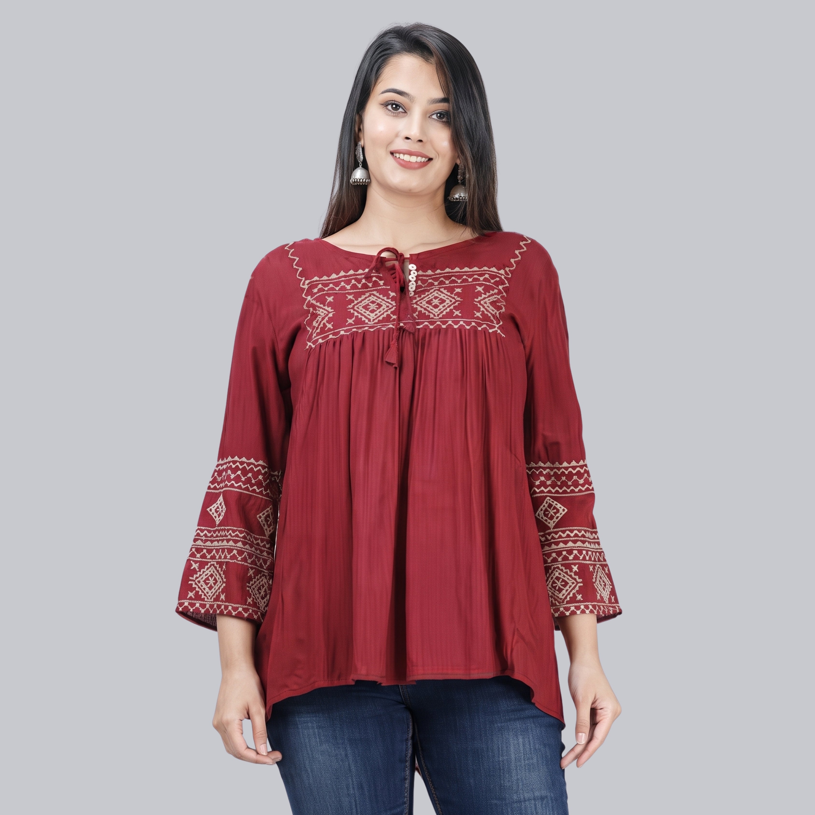 Women's Maroon Embroidered Short Kurti | Casual & Office Wear