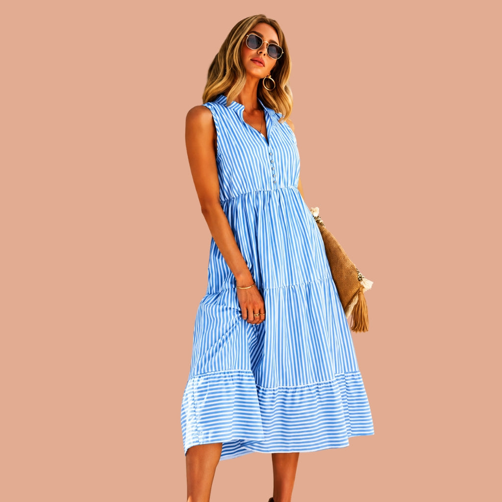 Blue & White Striped Sleeveless Tiered Midi Dress