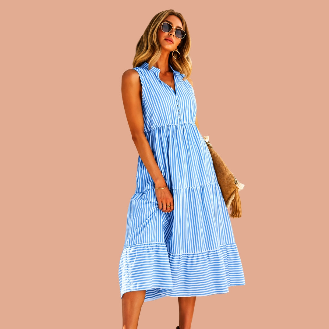 Blue & White Striped Sleeveless Tiered Midi Dress