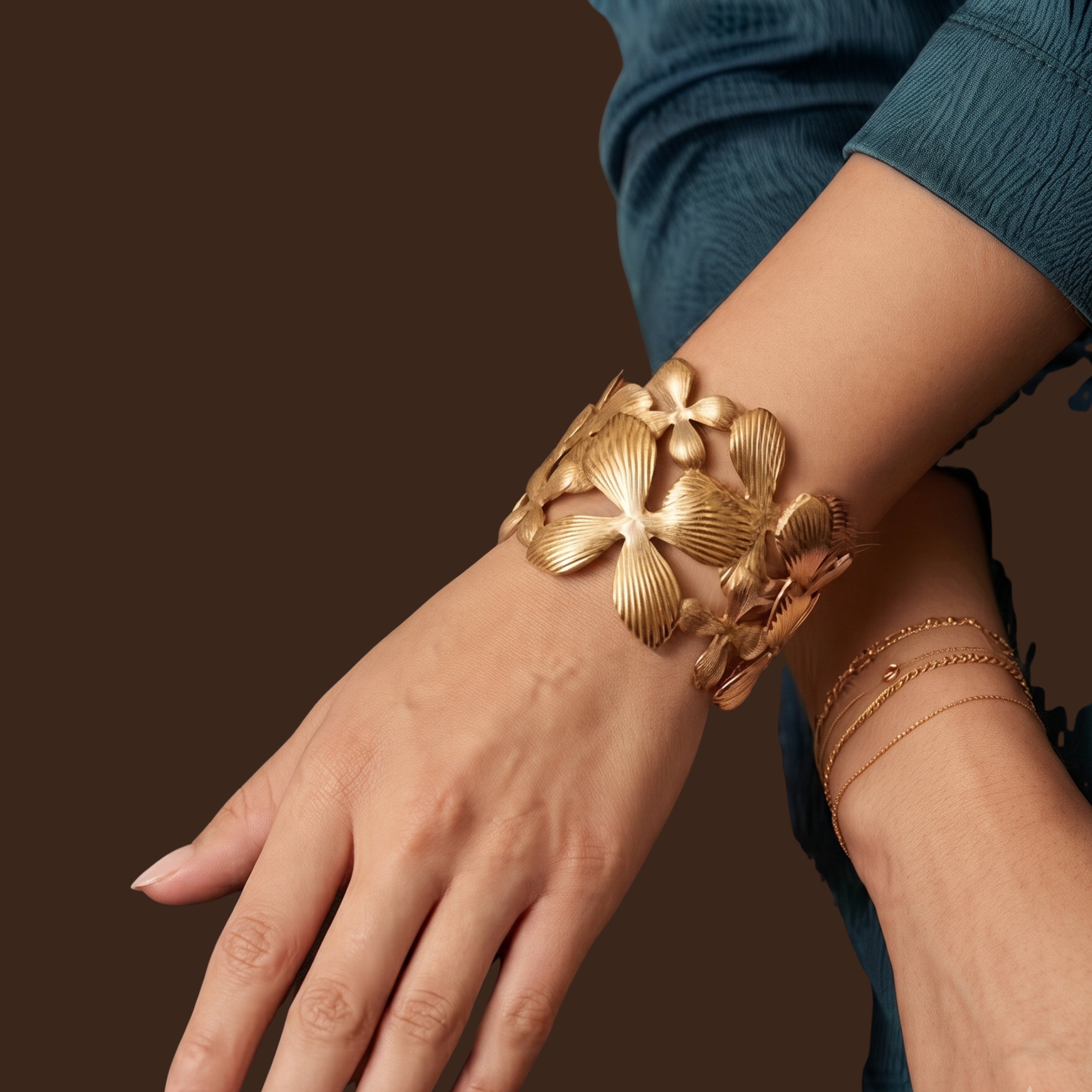 Gold Floral Adjustable Cuff Bracelet for Women | Anti-Tarnish Statement Bracelet |