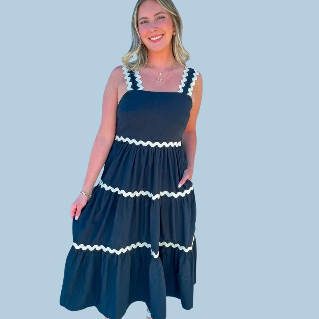 Midnight Elegance Ric Rac Trim Tiered Midi Dress for Women | Blue