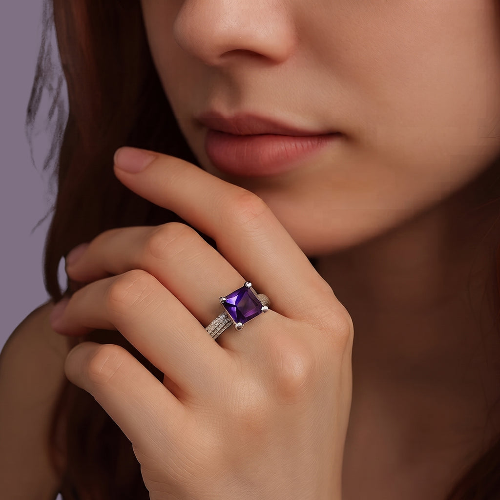 Adjustable Purple Gemstone Ring for Women | Anti-Tarnish Silver-Tone Statement Ring