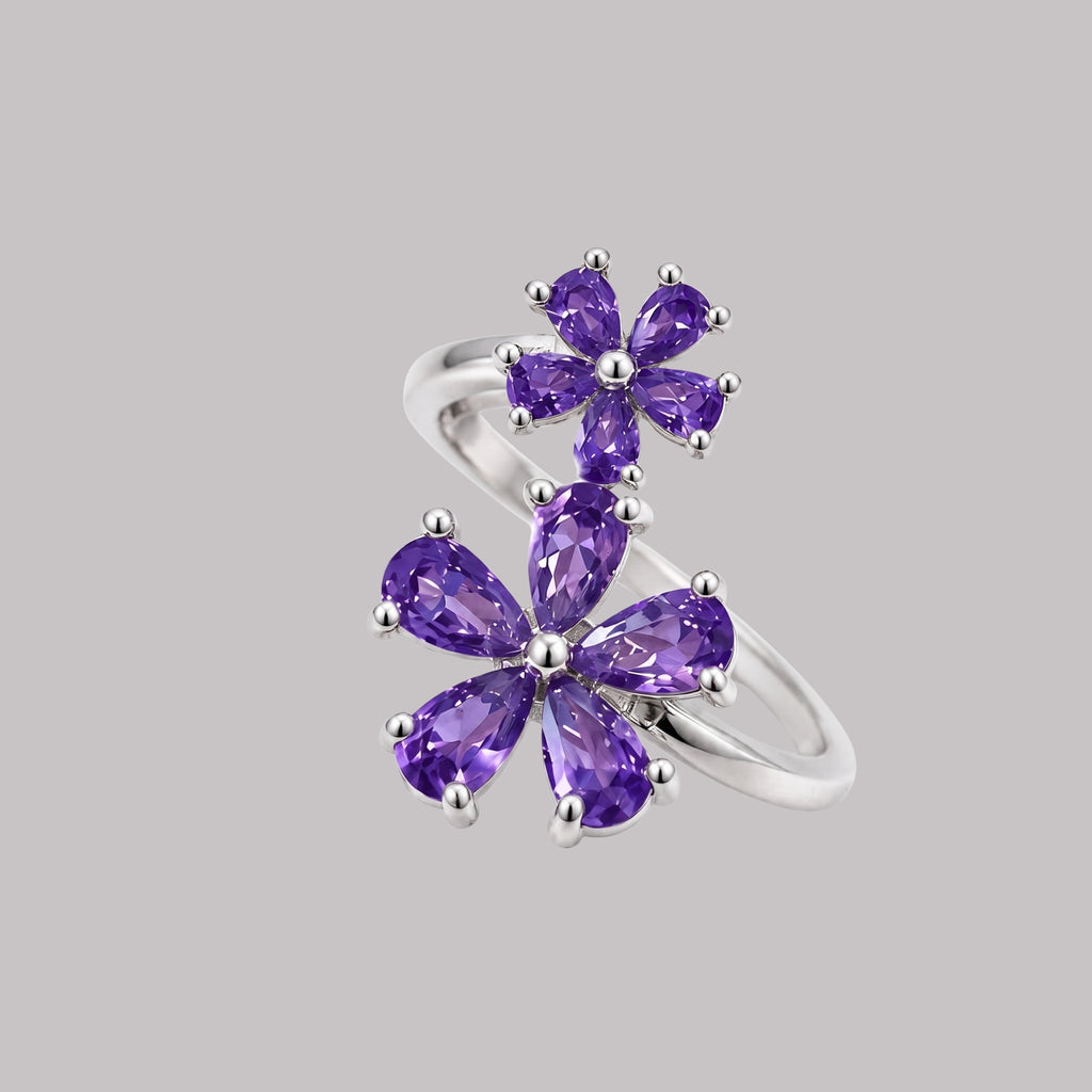 Purple Flower Ring for Women | Double Floral Statement Ring | Anti-Tarnish and Adjustable