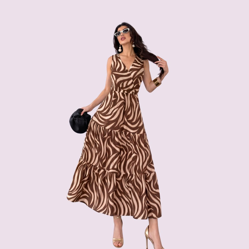Brown Abstract Print Tiered Maxi Dress