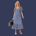 Blue Floral Smocked Midi Dress for Women