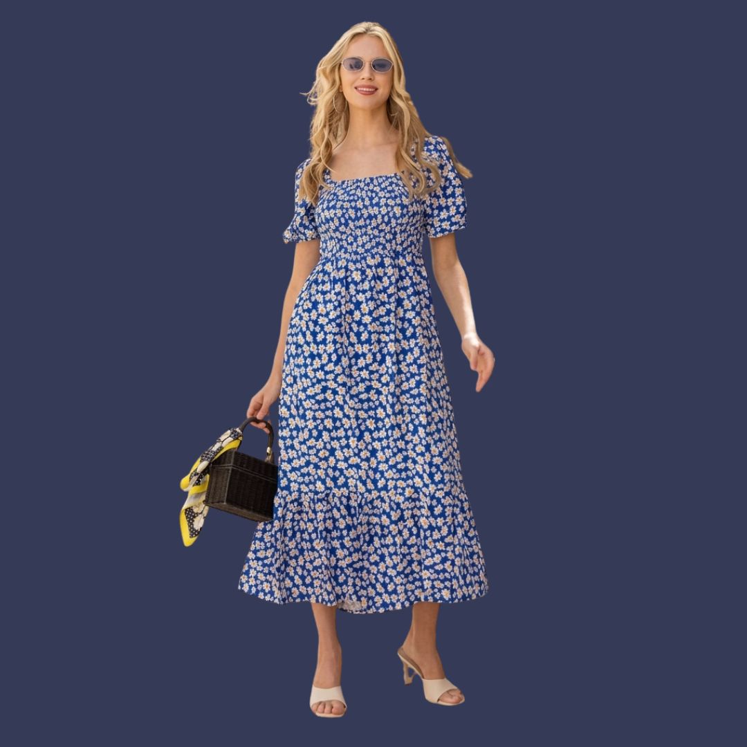 Blue Floral Smocked Midi Dress for Women