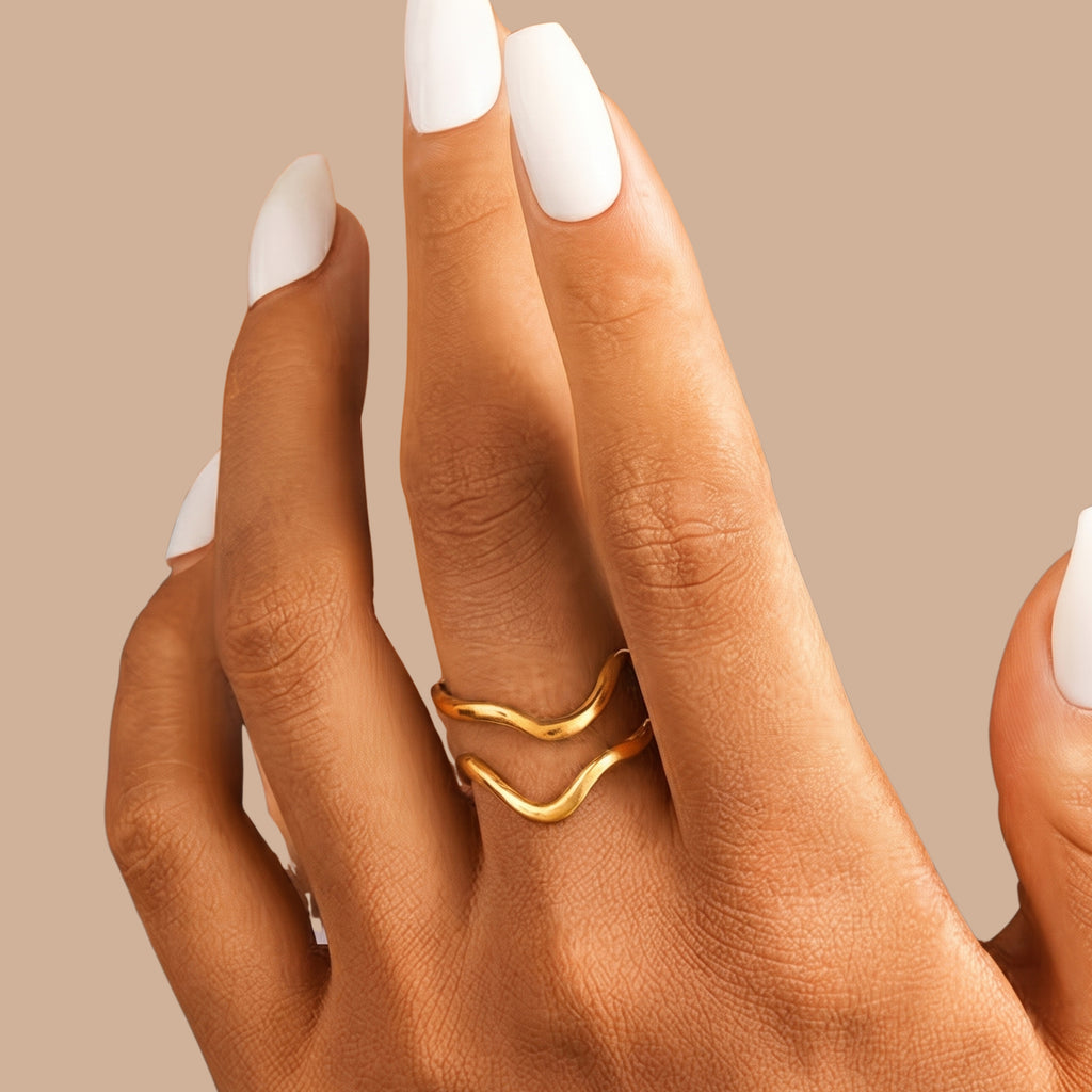 Minimalist Double Wave Adjustable Ring for Women | Anti-Tarnish Gold-Plated Open Ring | Modern Stackable Statement Ring