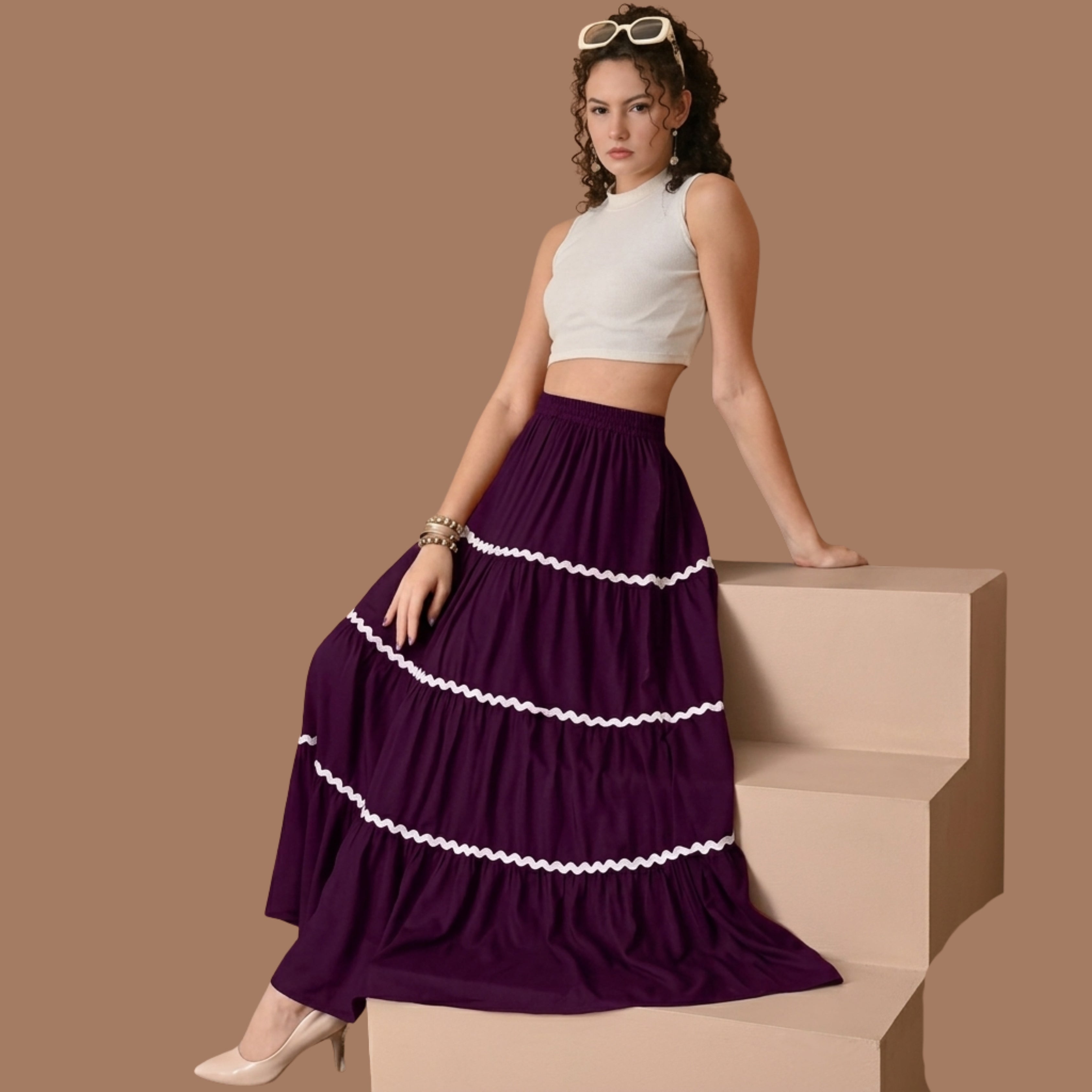 Korean High Waist Tiered Maxi Skirt for Women | Flowy A-Line Long Skirt with Elastic Waist