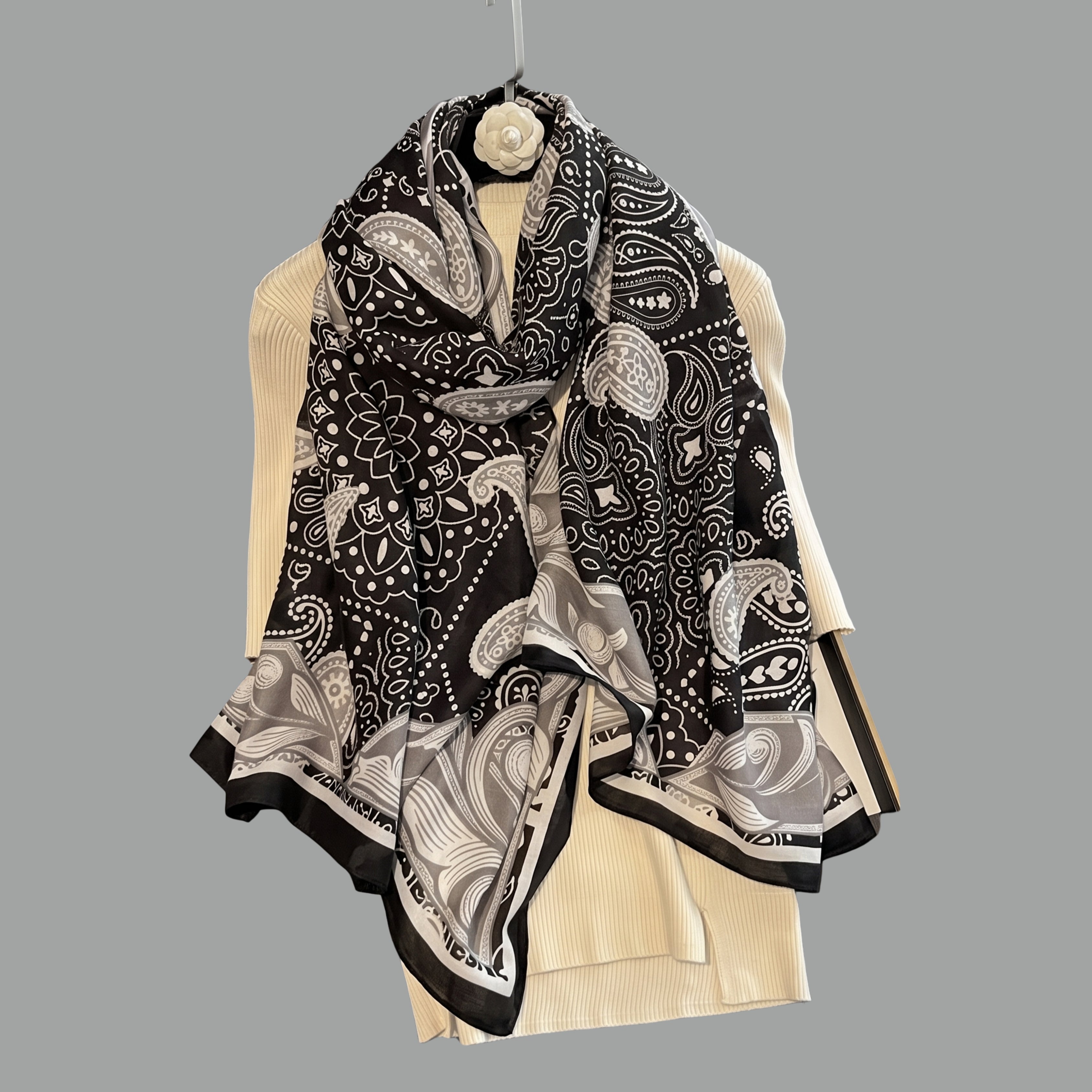 Elegant Black & White Paisley Print Women's Scarf | Soft Lightweight Korean Style Shawl, Wrap & Stole