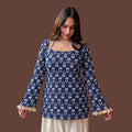 Women's Blue Floral Printed Short Kurti | Bell Sleeve Cotton Blend Ethnic Top with Back Tie-Up