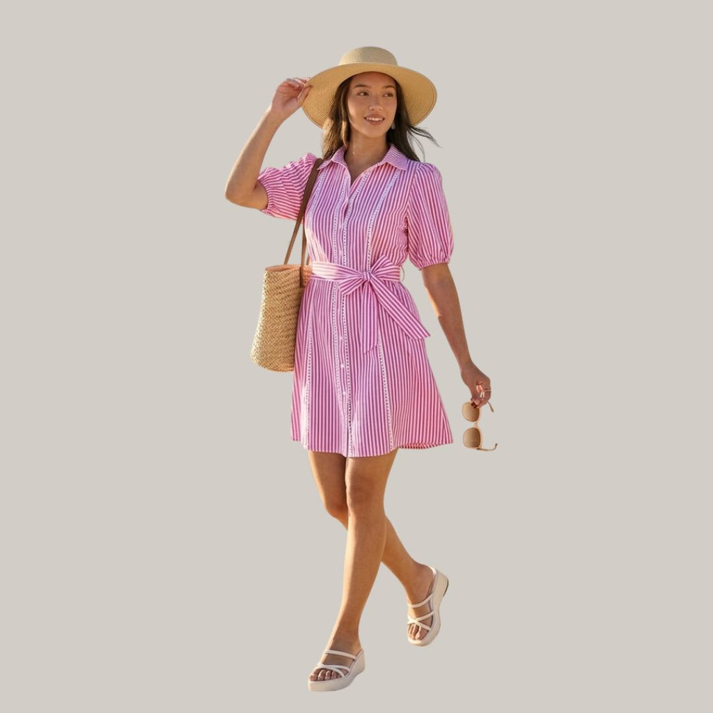 Pink Striped Shirt Dress for Women | Collared Tie-Waist Mini Dress with Puff Sleeves