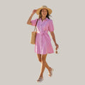 Pink Striped Shirt Dress for Women | Collared Tie-Waist Mini Dress with Puff Sleeves