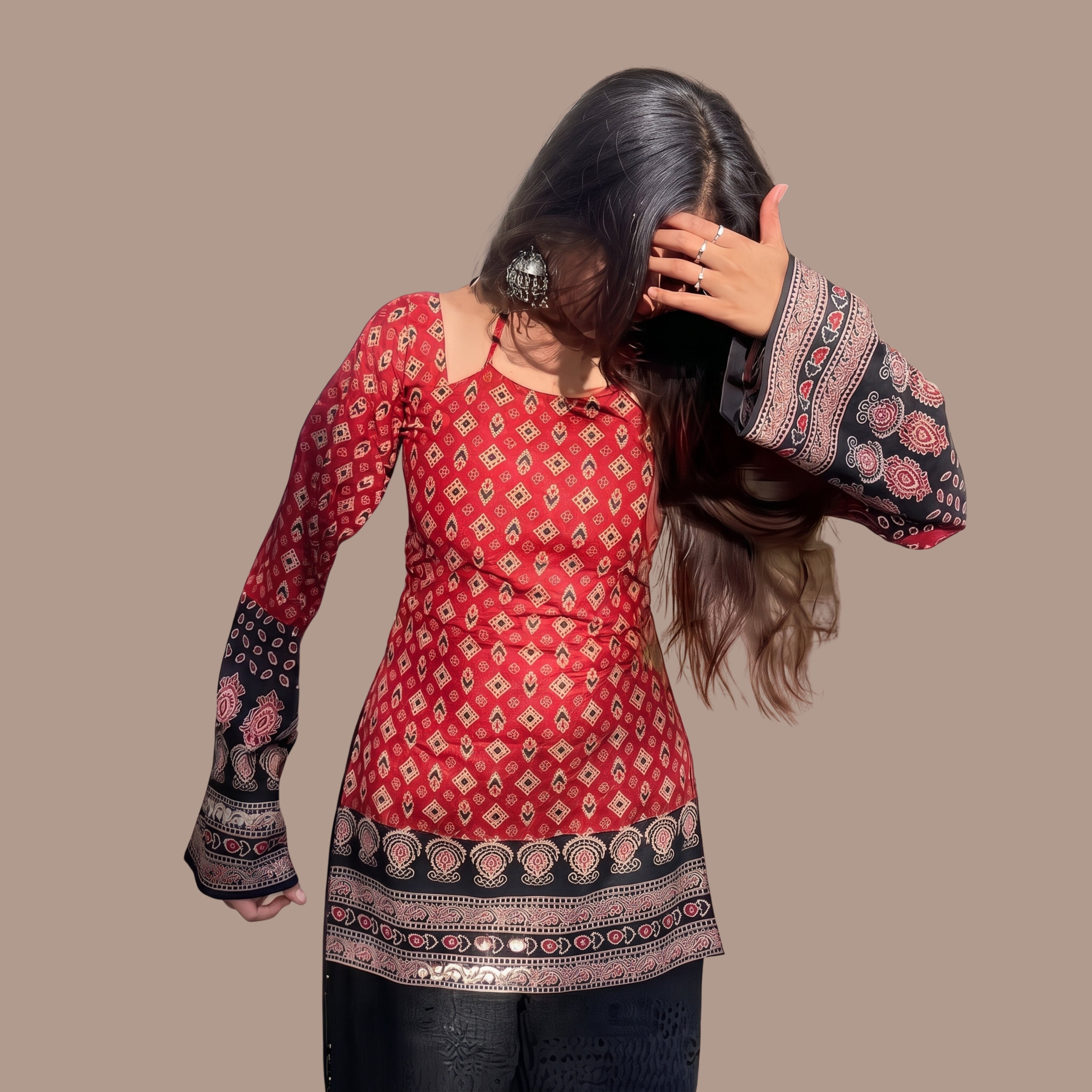 Women's Red Printed Short Kurti | Boho Bell Sleeve Ethnic Tunic Top with Back Tie-Up & Border Print