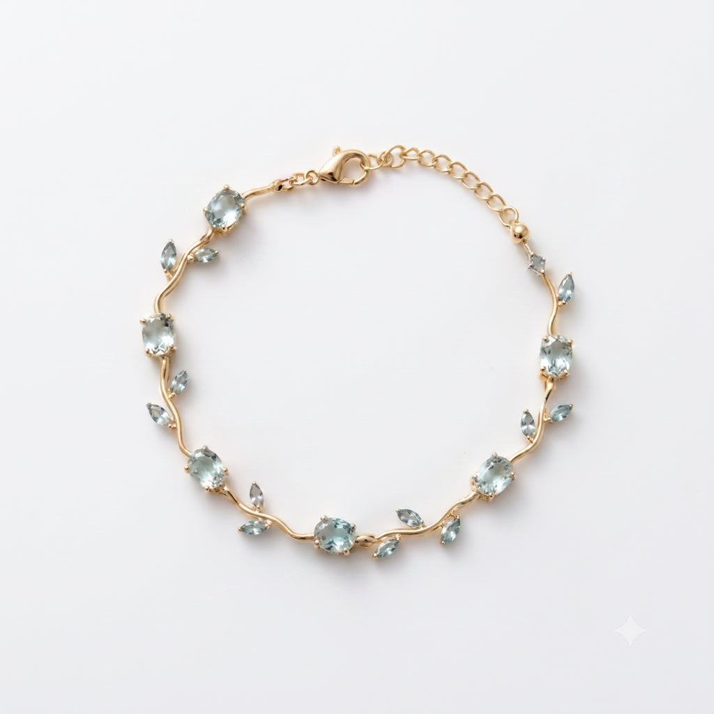 Gold Leaf Crystal Bracelet for Women | Adjustable Anti-Tarnish Bracelet with Blue Stones