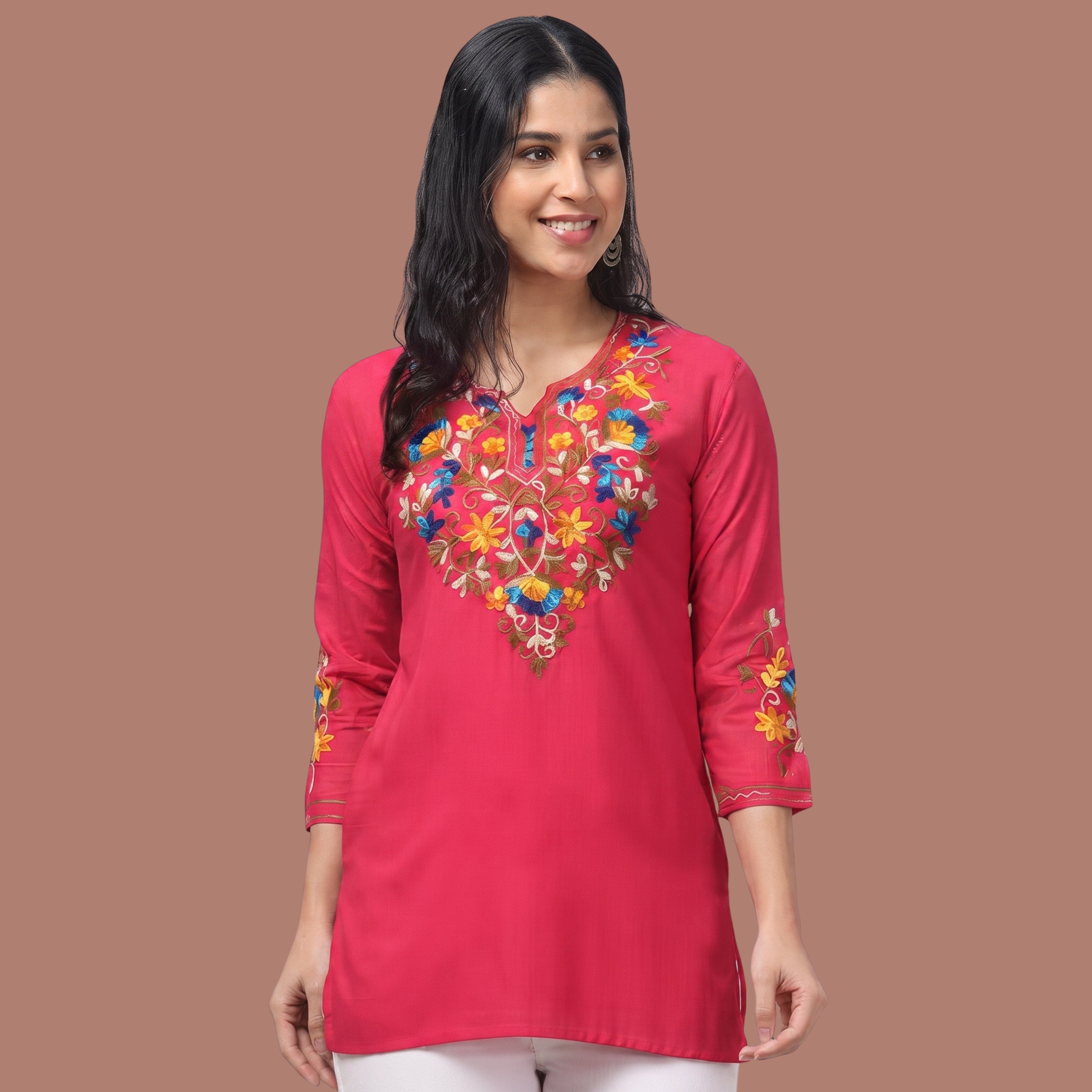 Women's Hot Pink Floral Embroidered Short Kurti | Casual, Office & Festive Wear