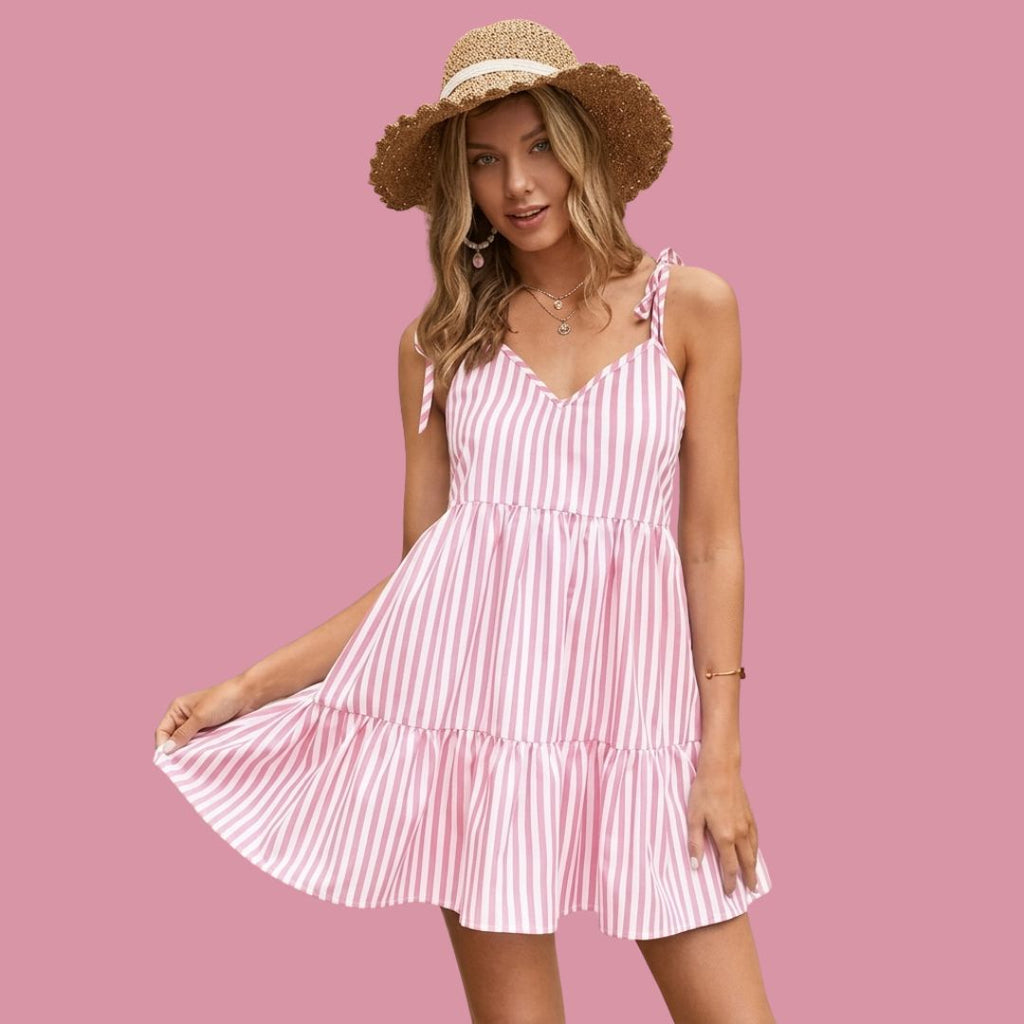 Candy Stripe Tie-Shoulder Mini Dress for Women – Pink & White Summer Dress