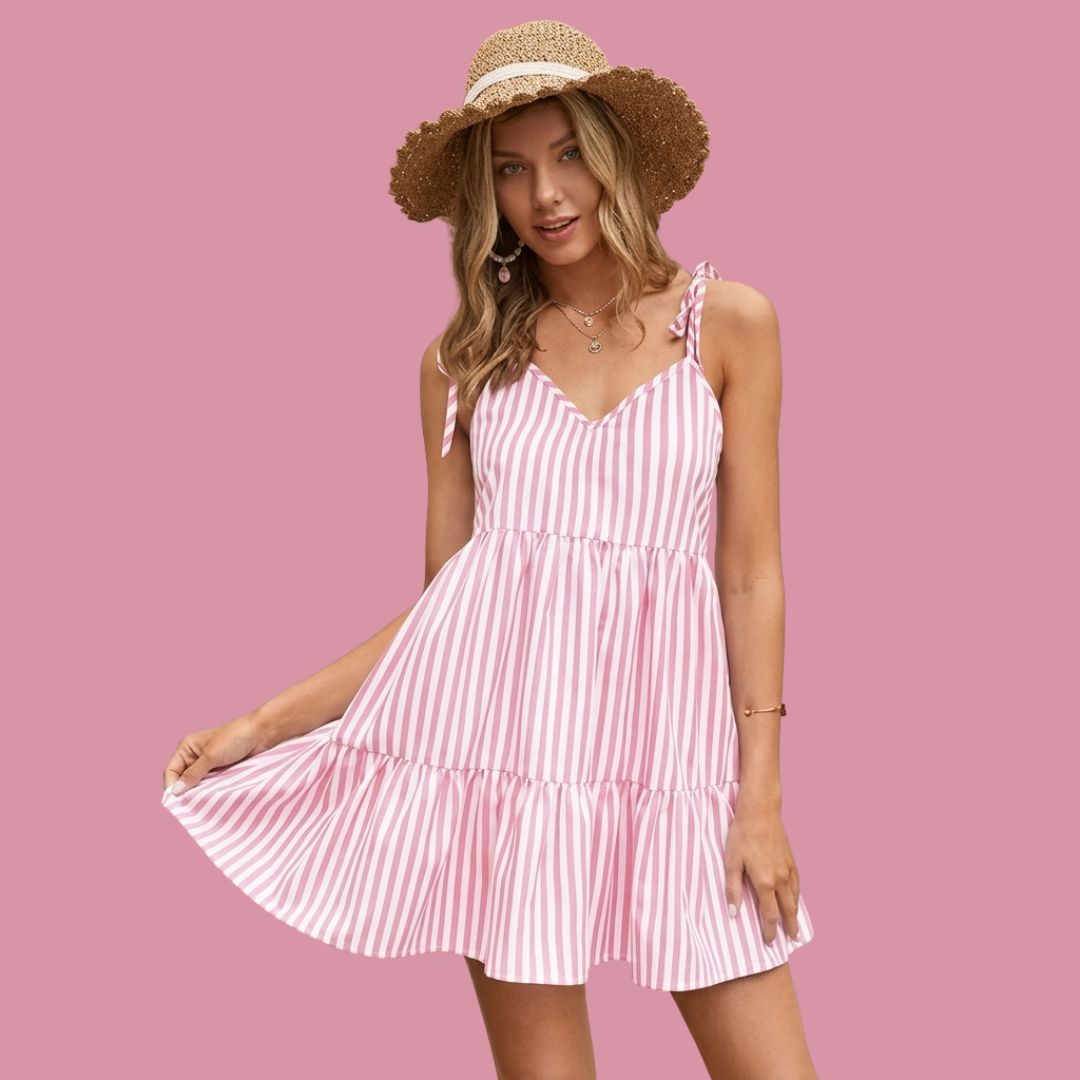 Candy Stripe Tie-Shoulder Mini Dress for Women – Pink & White Summer Dress