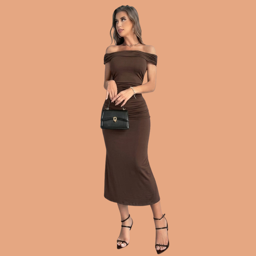 Brown Off-Shoulder Ruched Bodycon Midi Dress for Women