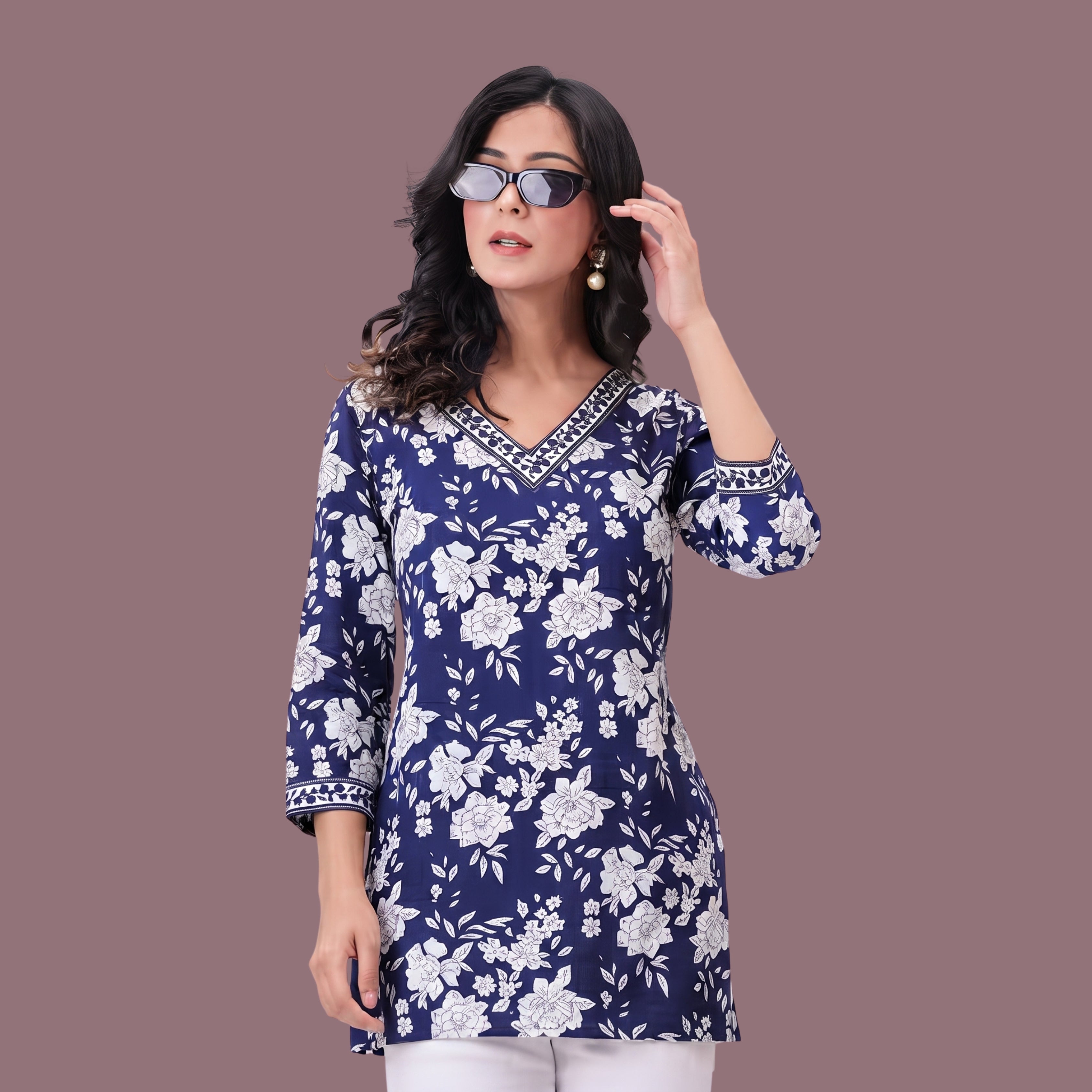 Women's Blue Floral Printed Short Kurti | Straight Fit V-Neck Ethnic Tunic with 3/4 Sleeves | Casual & Office Wear