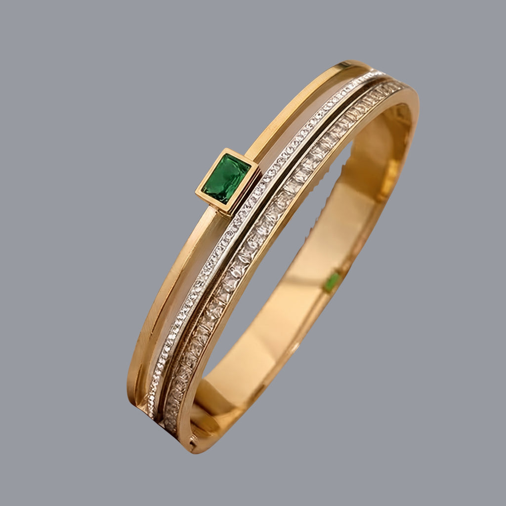 Emerald Green Stone Gold Bangle Bracelet for Women | Adjustable Anti-Tarnish Crystal Cuff