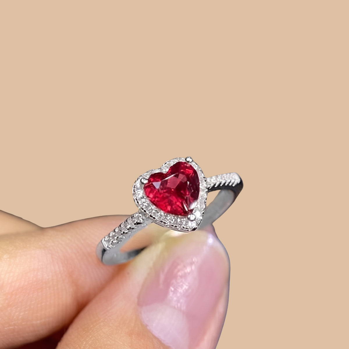 Ruby Heart Halo Ring for Women | Anti-Tarnish Adjustable Silver Crystal Ring