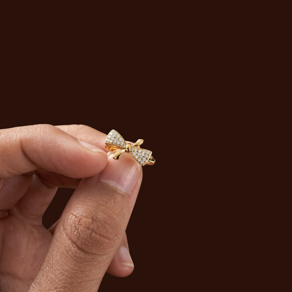 Gold Bow Ring for Women | Sparkling Crystal Bow Statement Ring | Anti-Tarnish and Adjustable