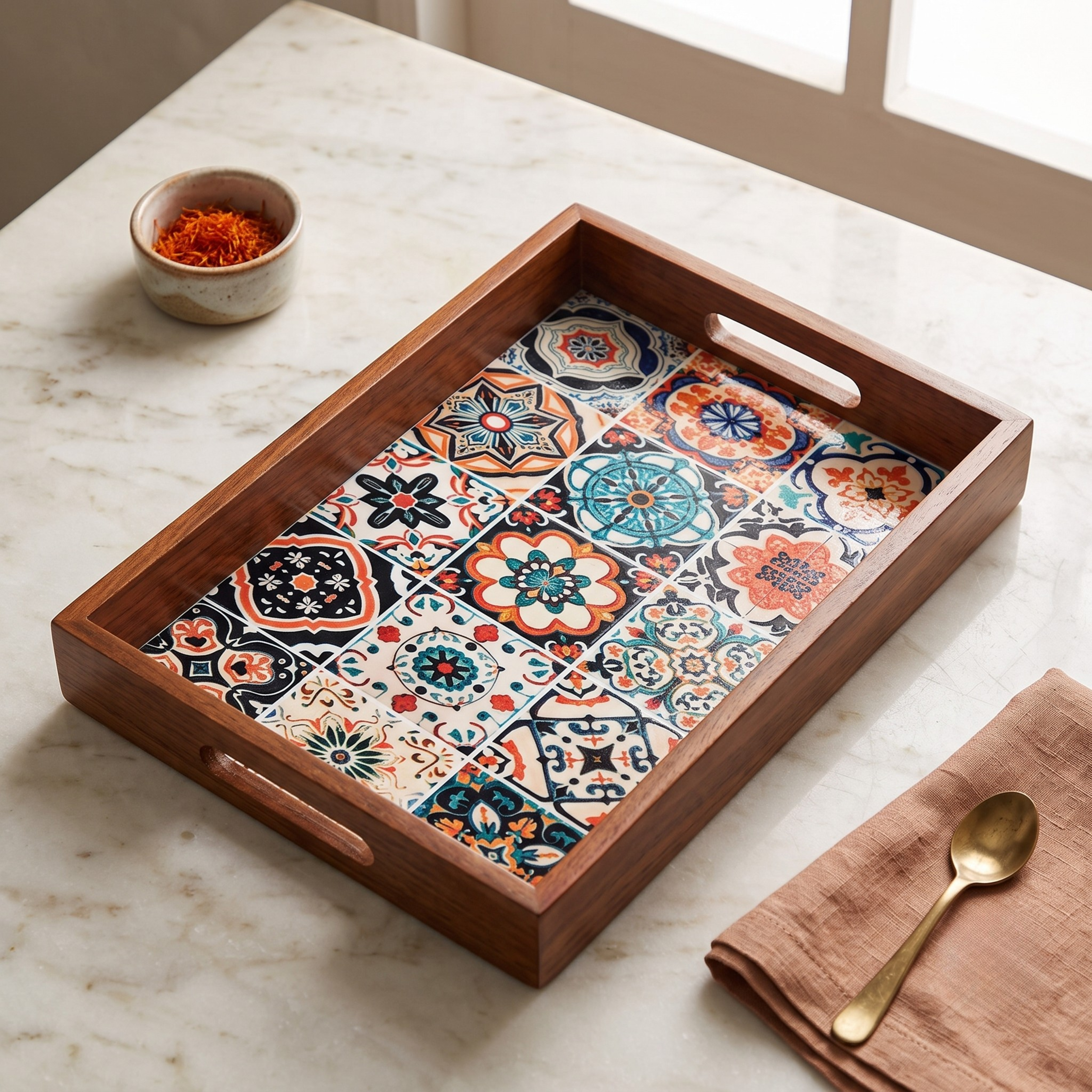 Decorative Wooden Serving Tray – 30x20 cm Brown Wood Tray with Patterned Inlay for Home Decor & Hosting