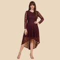 Burgundy Lace High-Low Dress with Long Sleeves