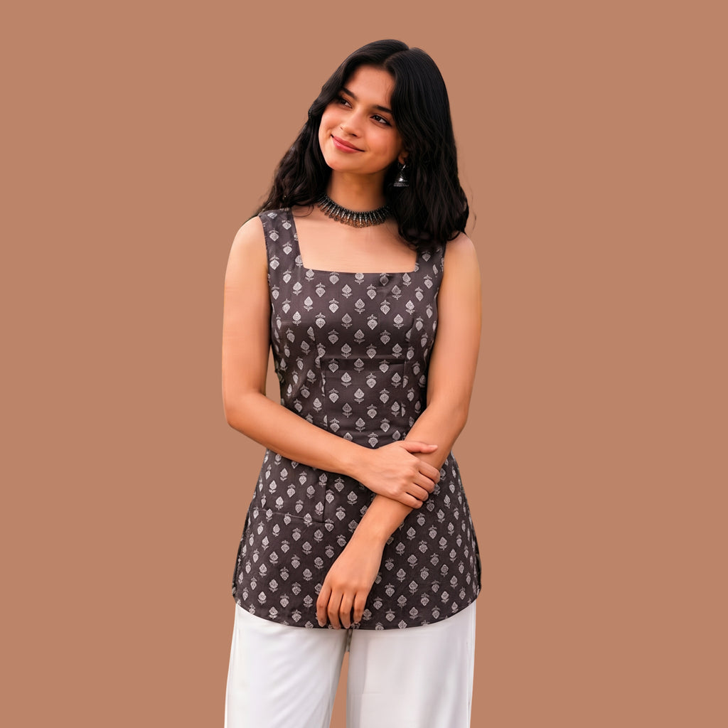 Women's Brown Printed Sleeveless Short Kurti | Square Neck Open Back Tie-Up Top |