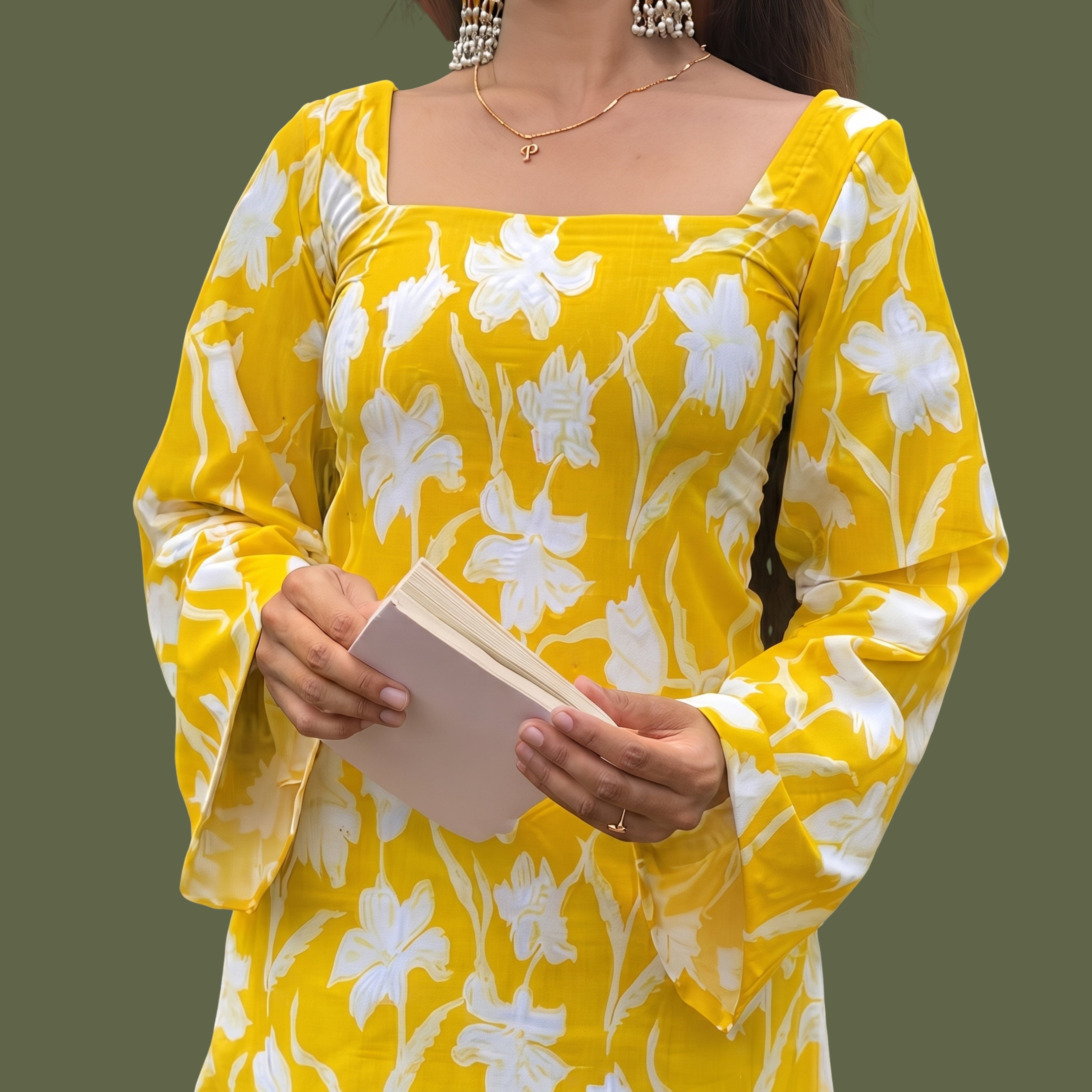 Women's Yellow Floral Printed Short Kurti | Square Neck Bell Sleeve Ethnic Top with Back Tie-Up