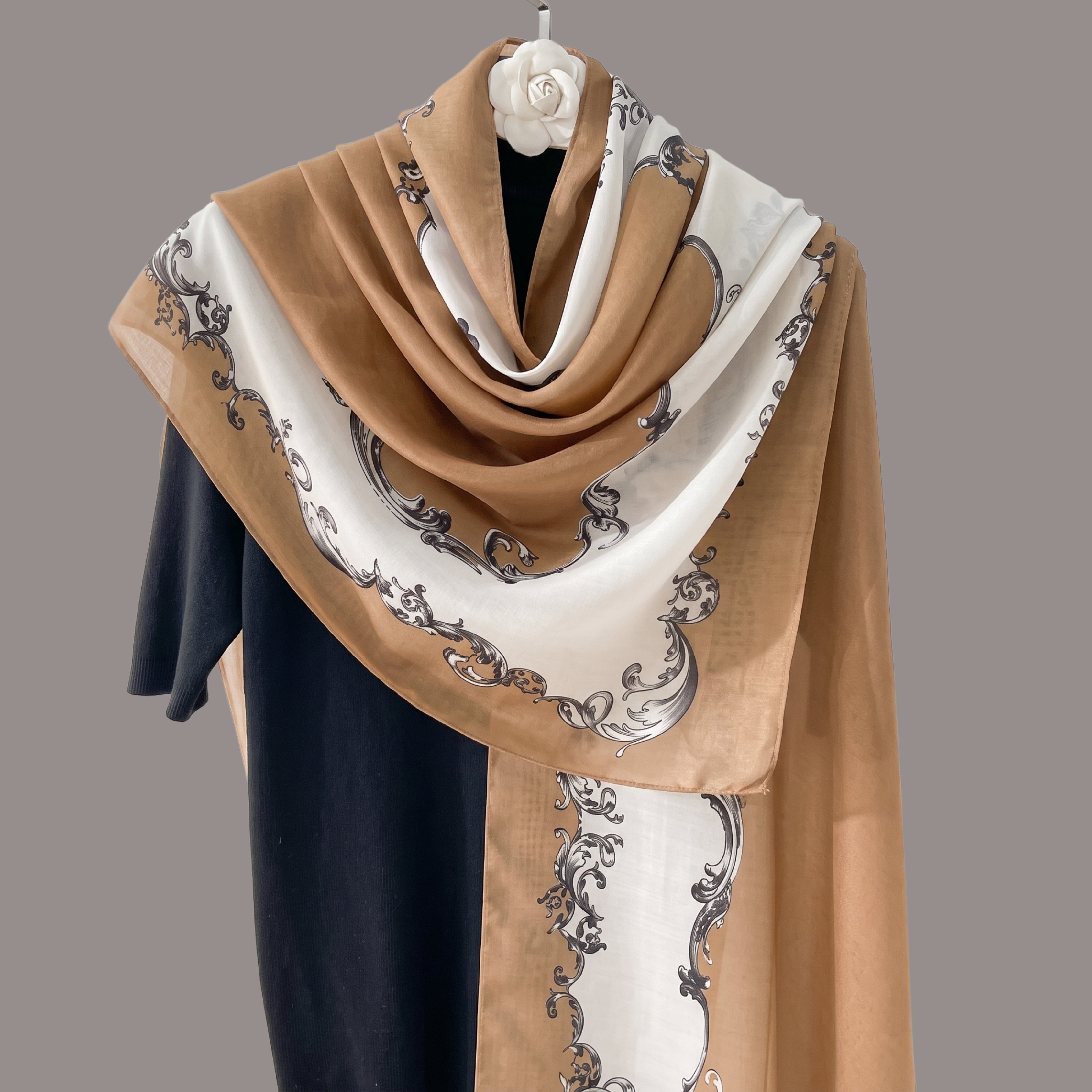 Elegant Camel & Ivory Vintage Print Scarf for Women