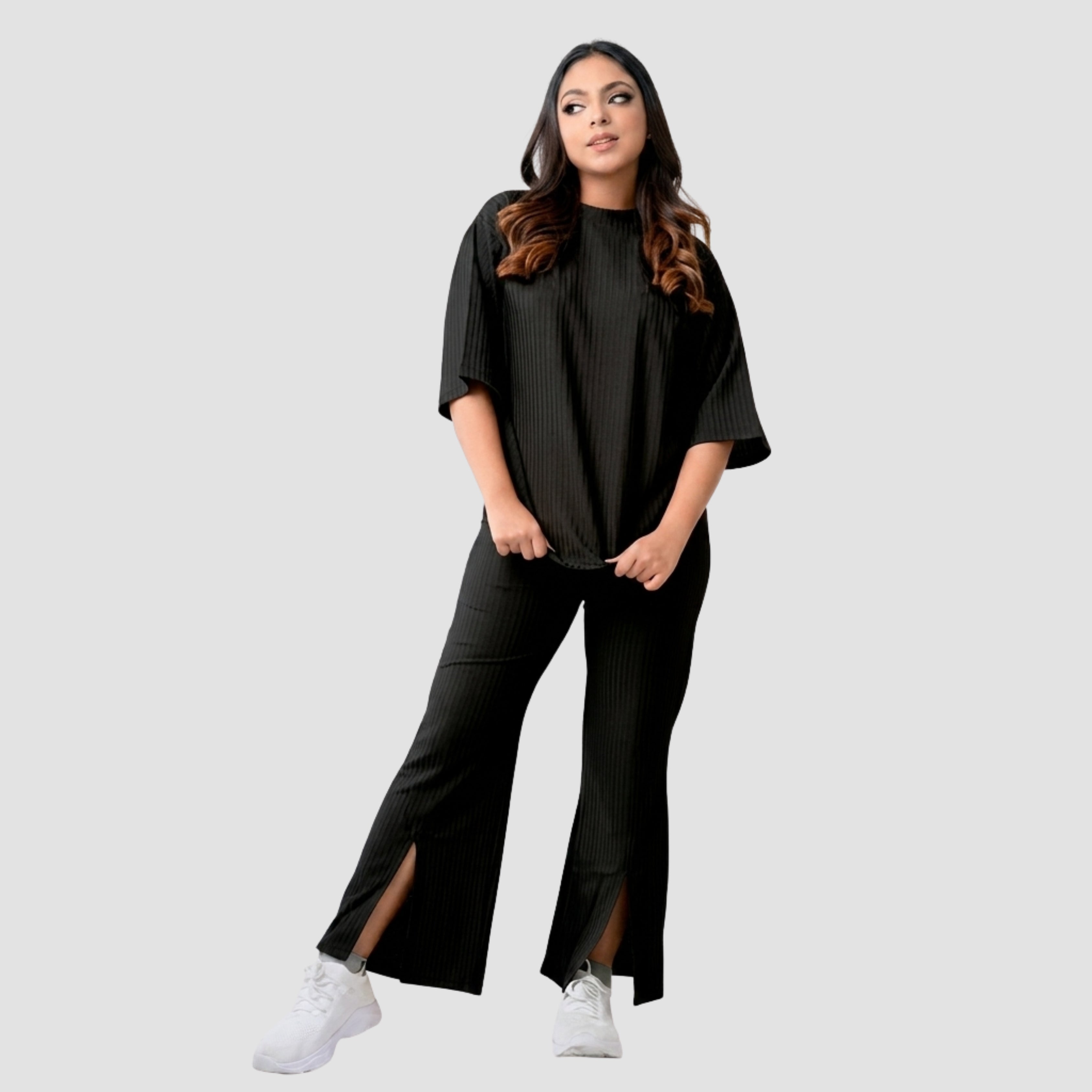 Women's Ribbed Co-Ord Set | Oversized Half Sleeve Top & Straight Fit Slit Pants | Casual Lounge Wear