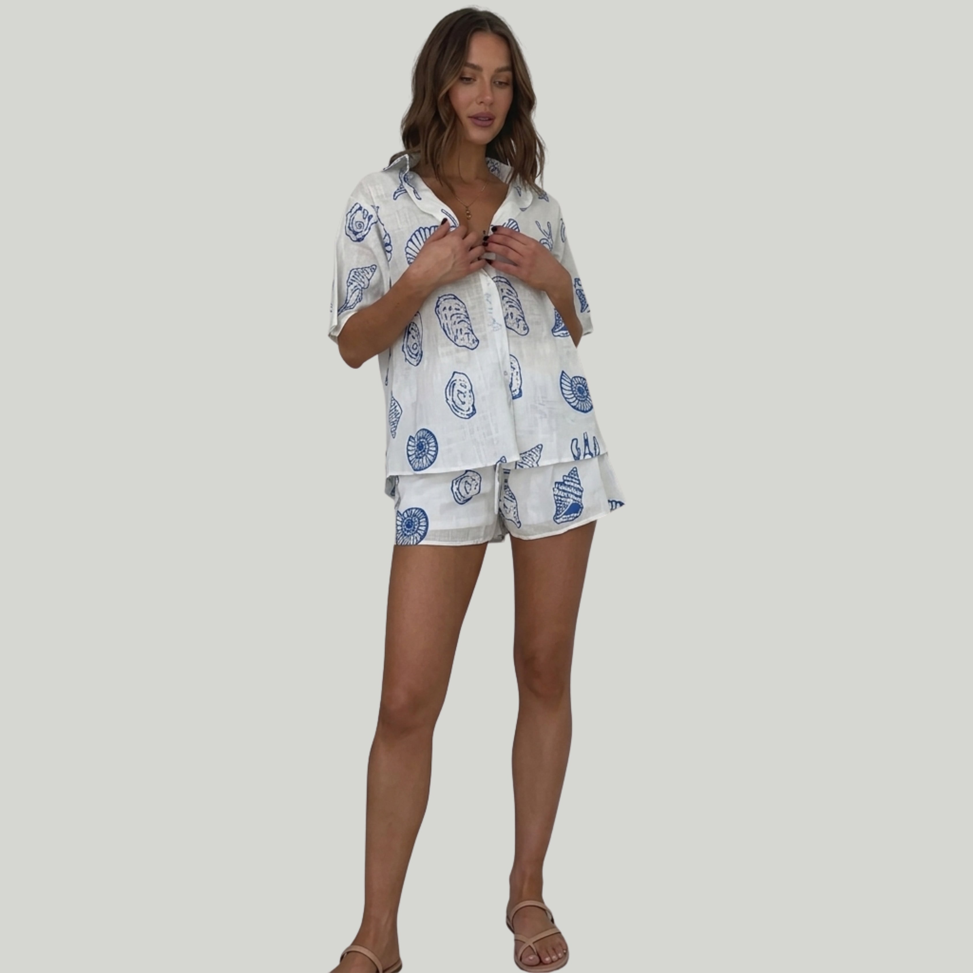 Blue Seashell Print Cotton Co-Ord Set for Women | Oversized Shirt & Shorts Summer Outfit
