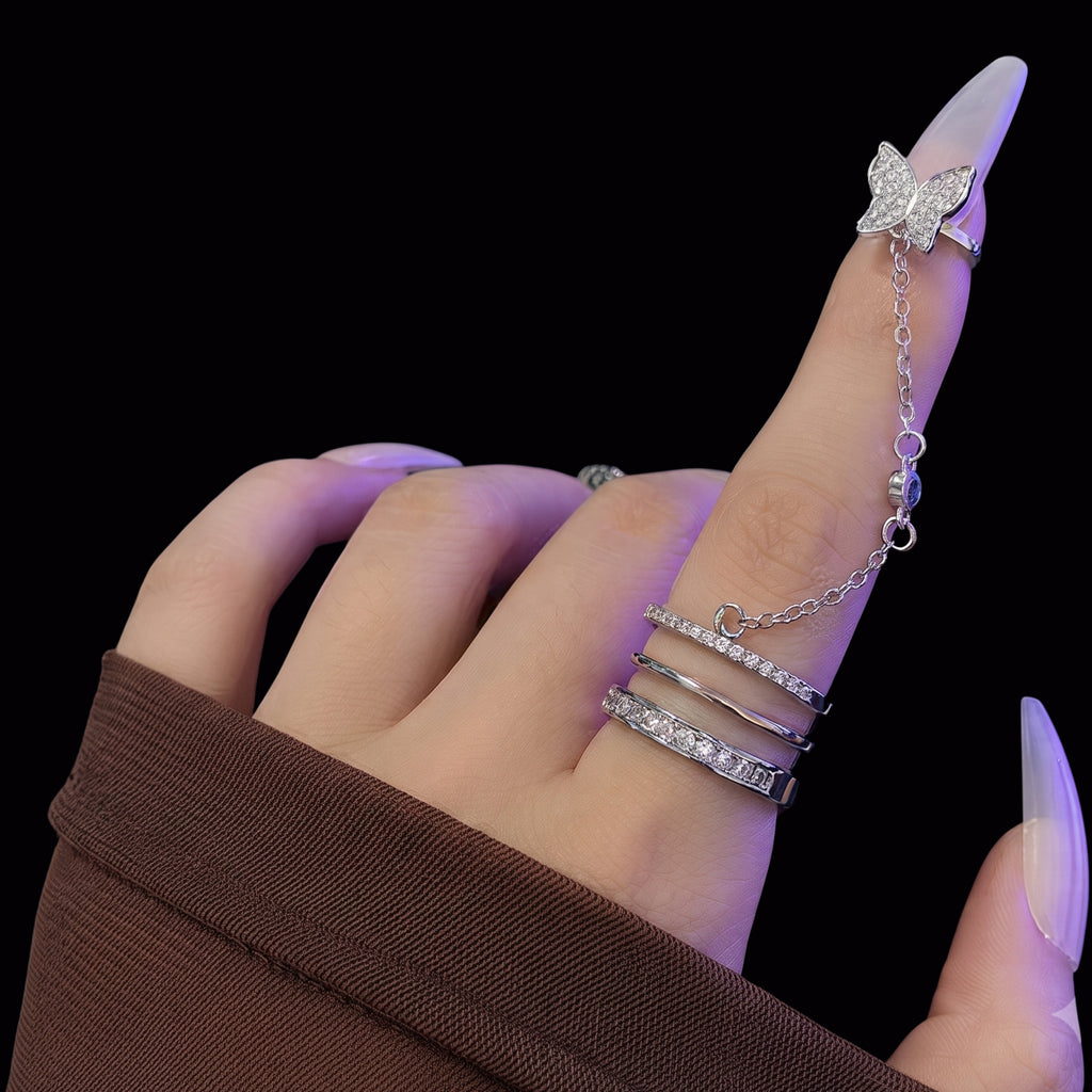 Butterfly Chain Adjustable Ring for Women | Anti-Tarnish Silver Crystal Ring