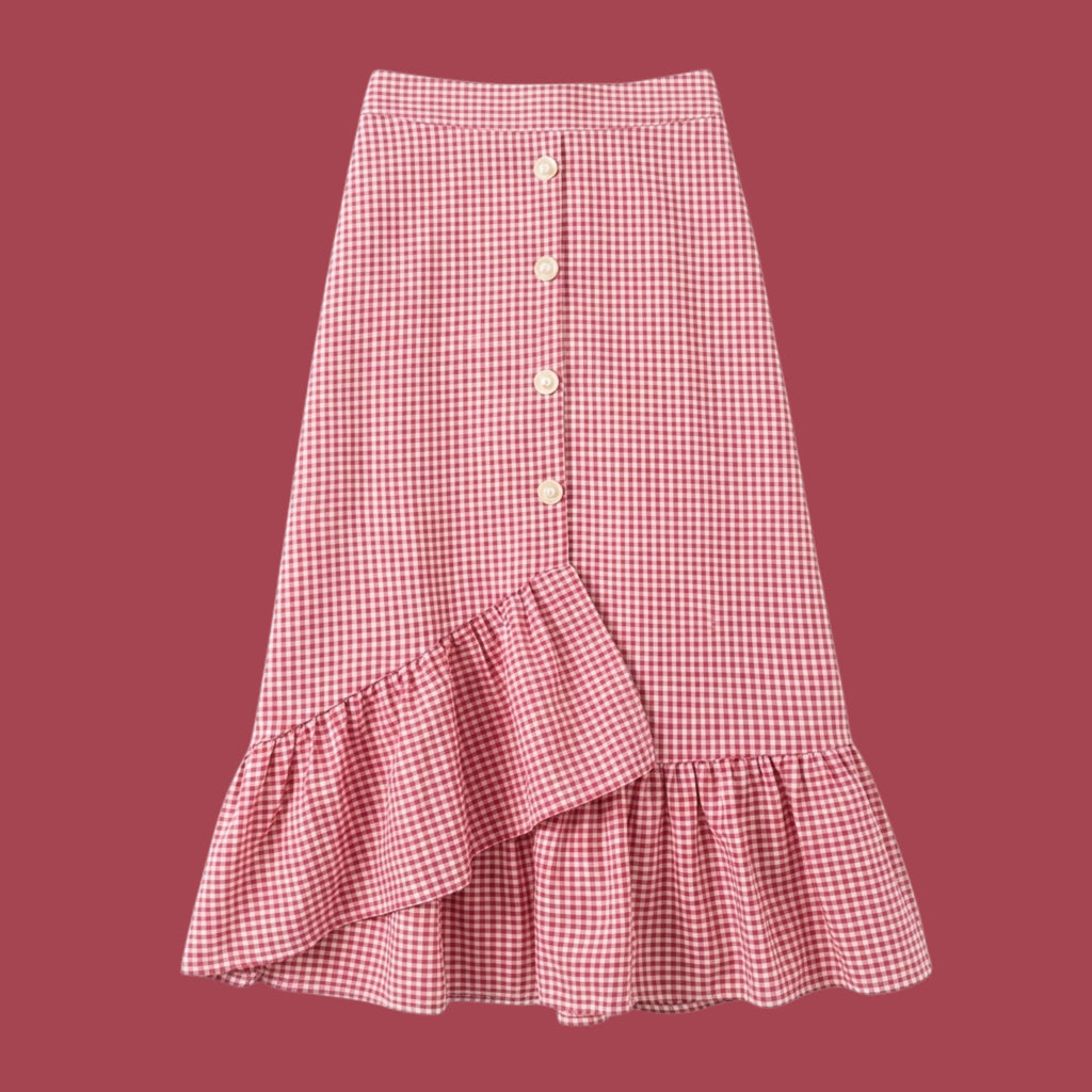 Korean Style Pink Gingham Ruffle Midi Skirt for Women | High Waist Checkered Skirt